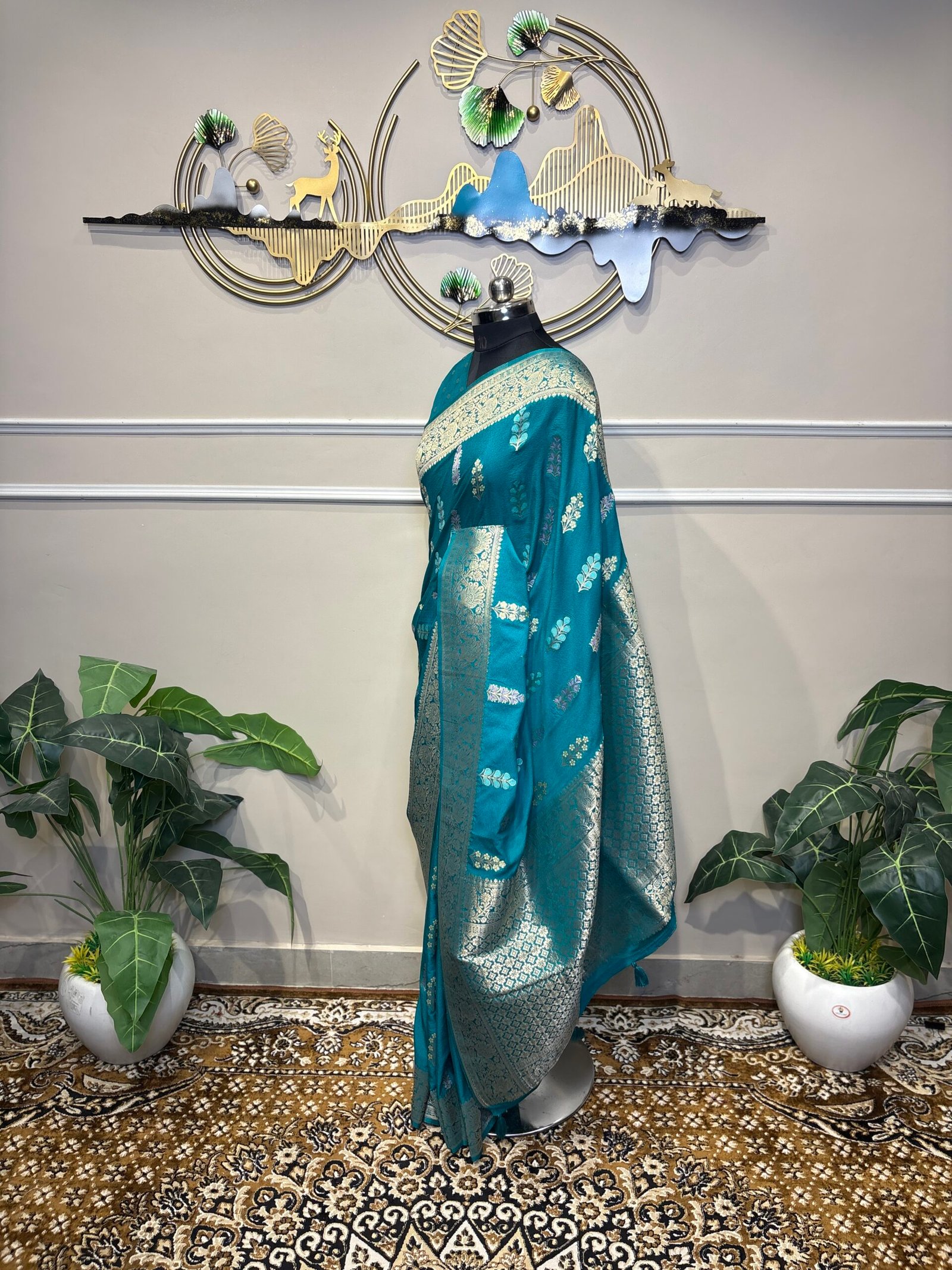 Teal Blue Banarasi Saree with Silver Zari Floral Weaving - Image 6