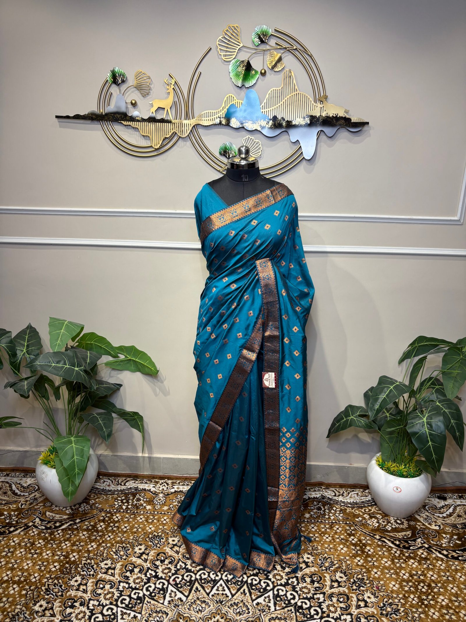 Teal Blue Banarasi Silk Saree with Zari Buti - Image 2