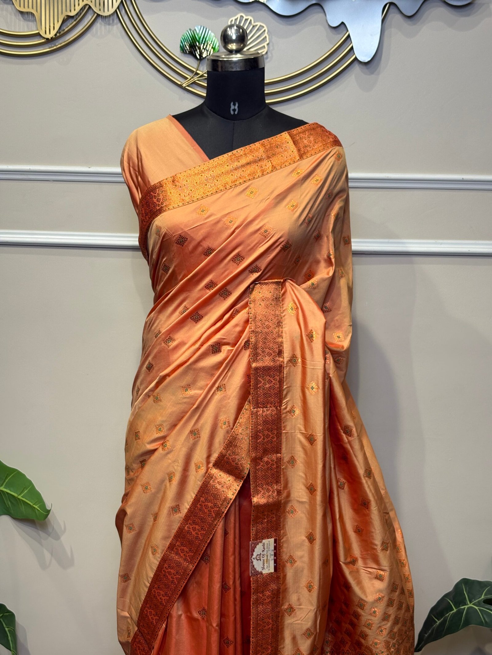Peach Gold Banarasi Silk Saree with Zari Buti - Image 3