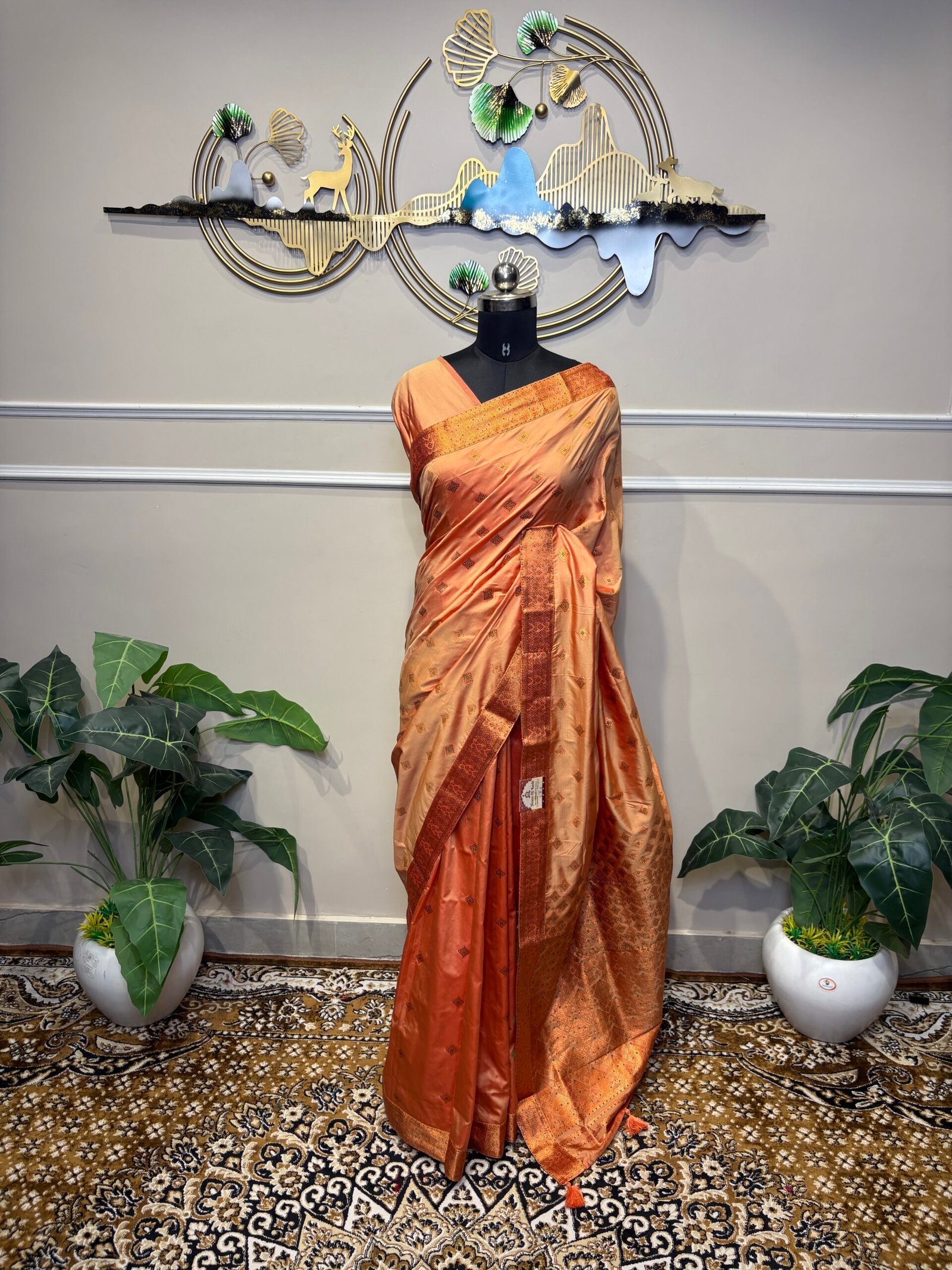 Peach Gold Banarasi Silk Saree with Zari Buti - Image 2