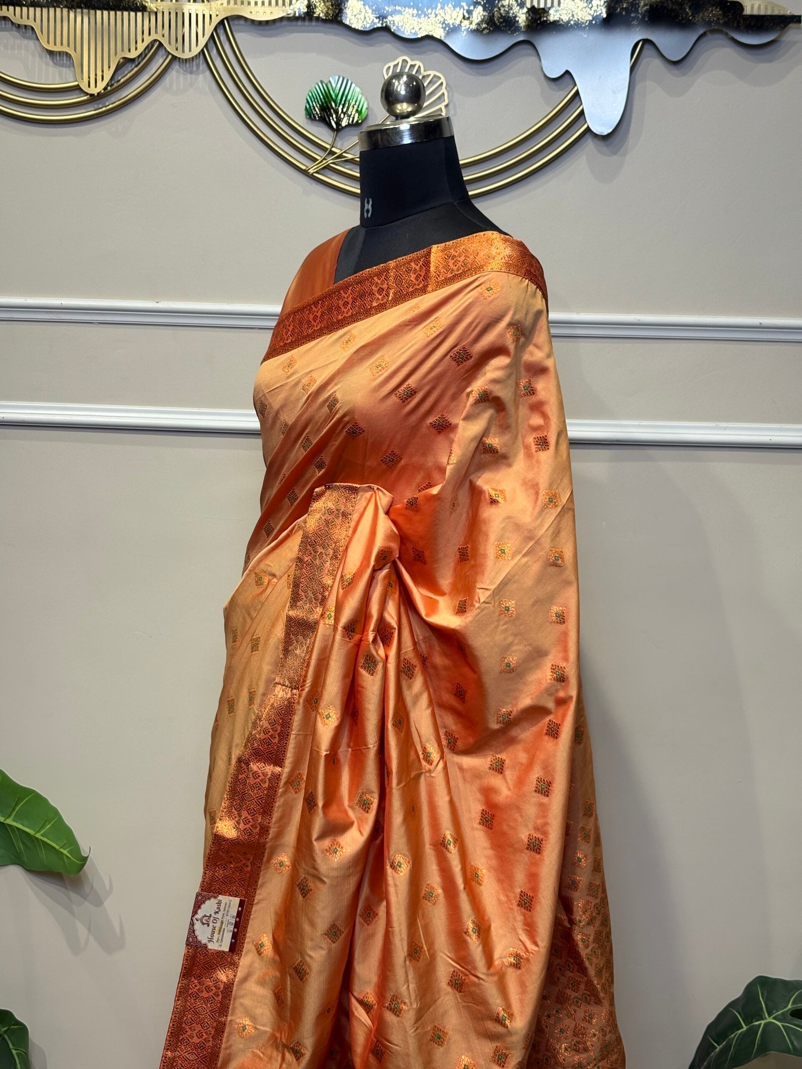Peach Gold Banarasi Silk Saree with Zari Buti - Image 5