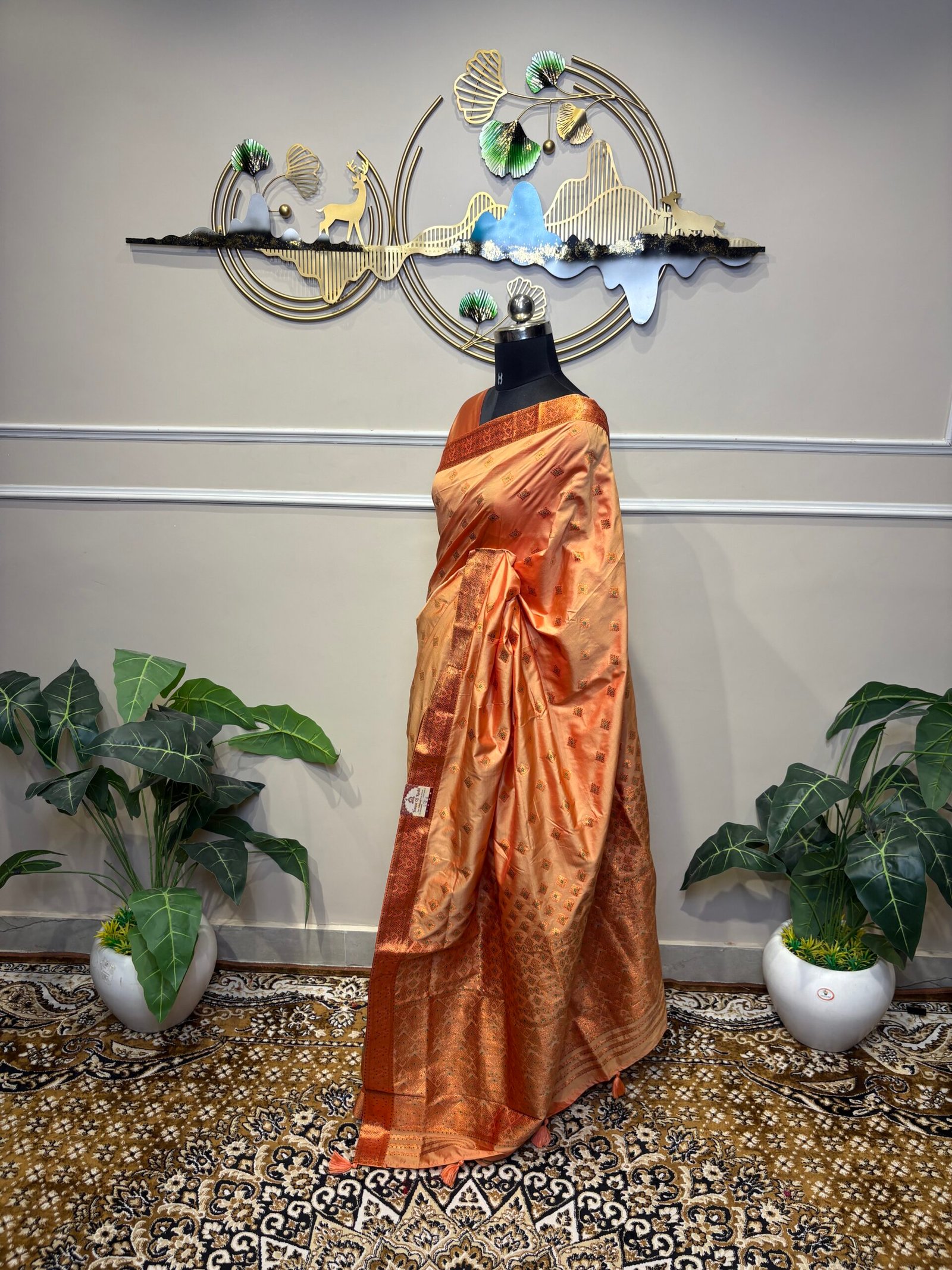 Peach Gold Banarasi Silk Saree with Zari Buti - Image 6