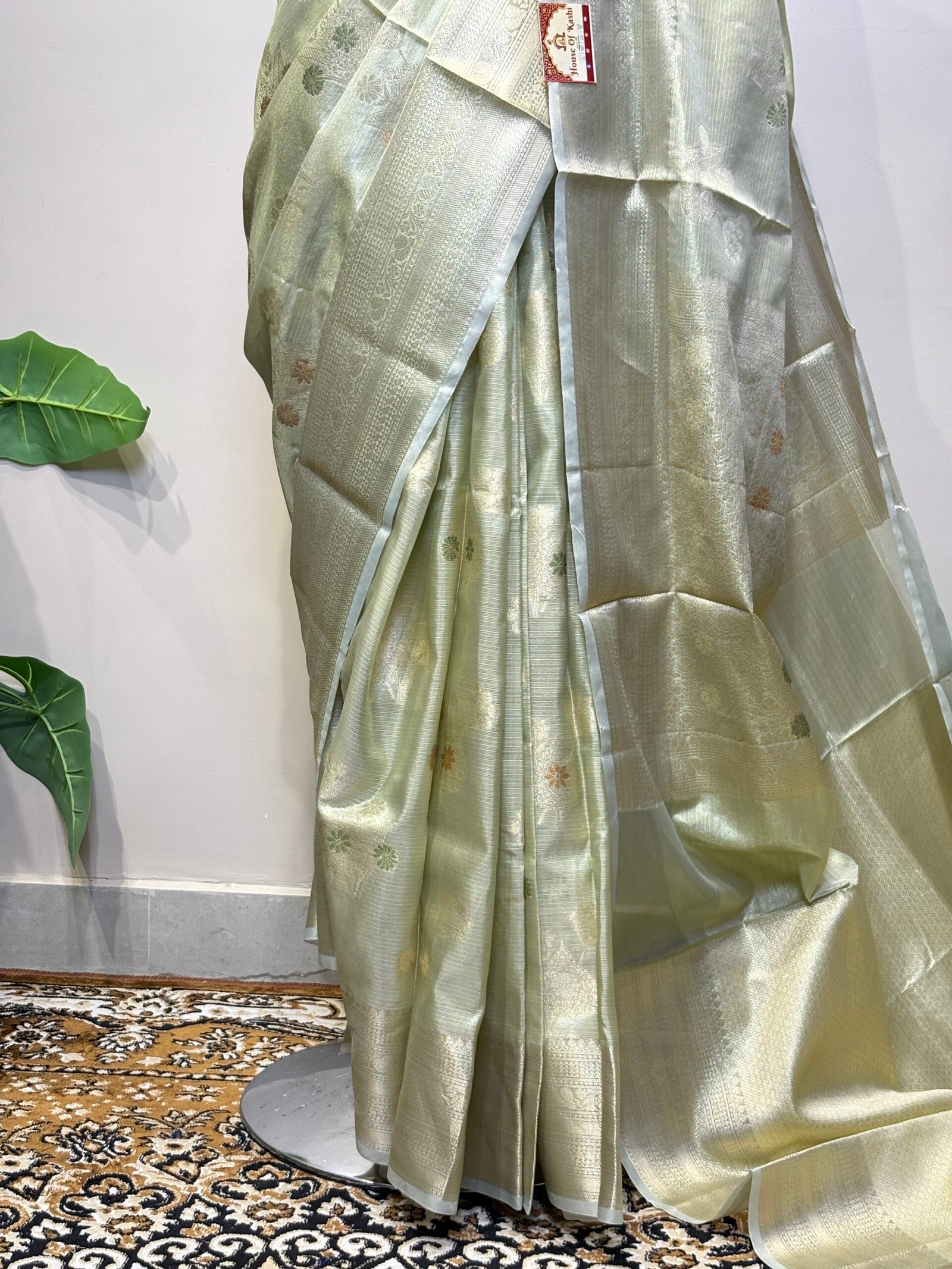 Pastel Sage Green Banarasi Saree - Image 5