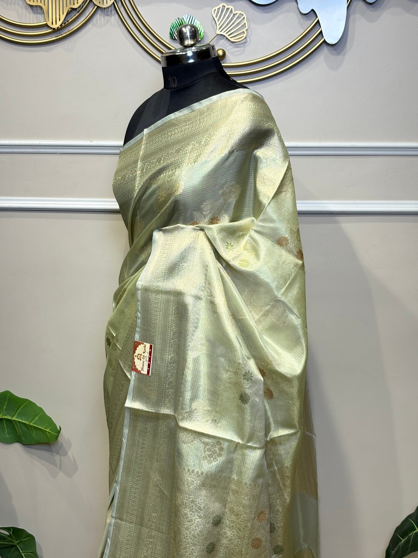 Pastel Sage Green Banarasi Saree - Image 3