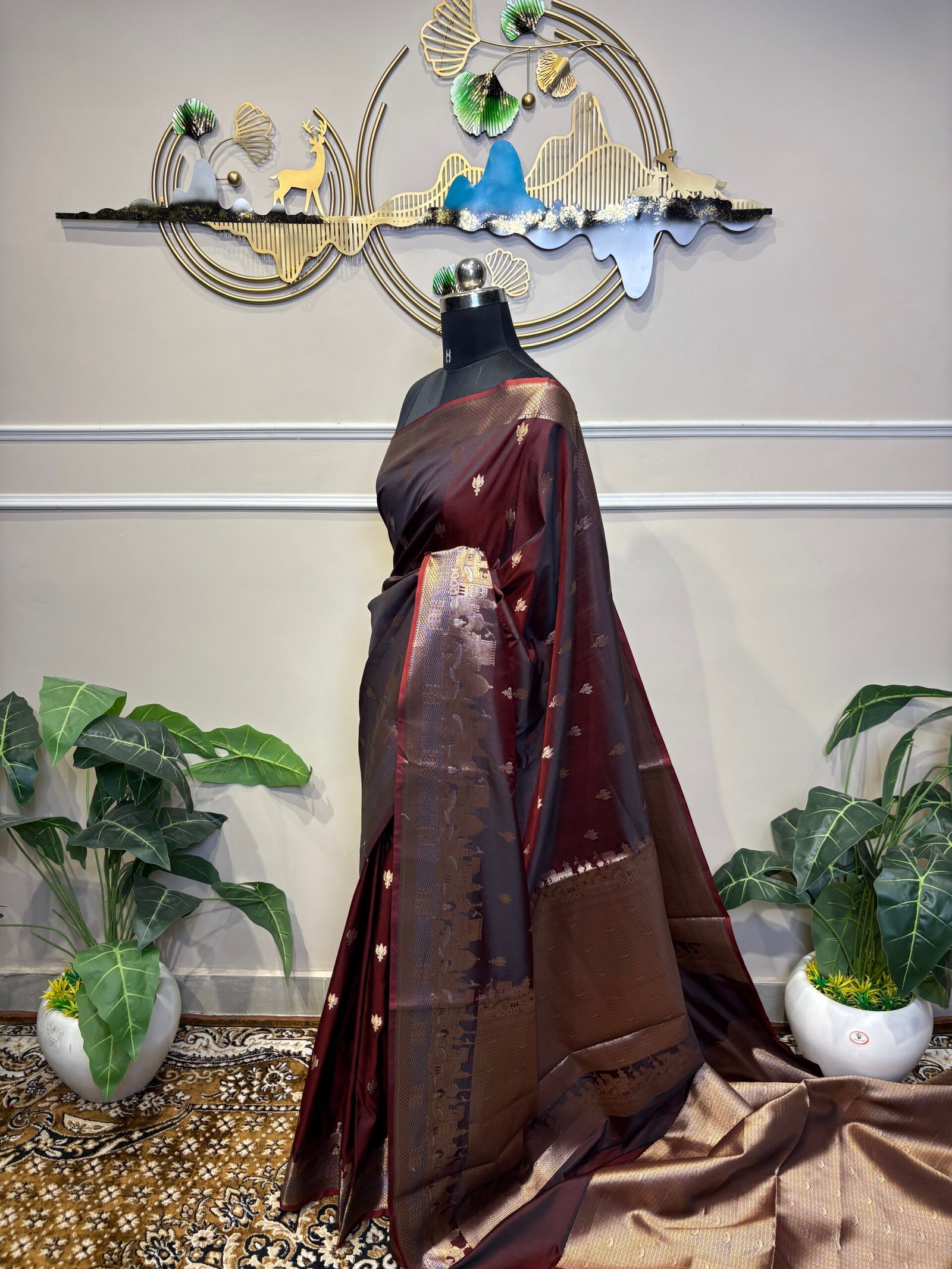 Varanasi Ghat Motif Banarasi Silk Saree in Regal Wine - Image 3