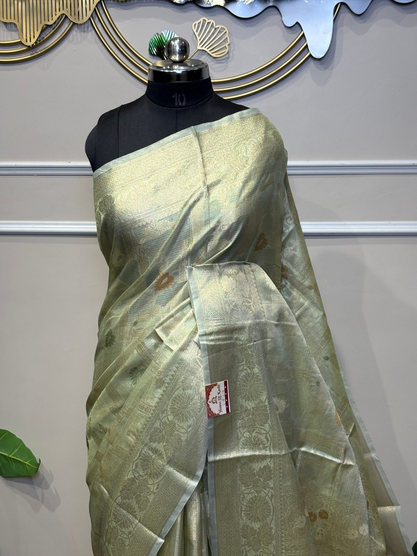 Sage Green & Gold Tissue Silk Saree with Meenakari Butis - Image 2