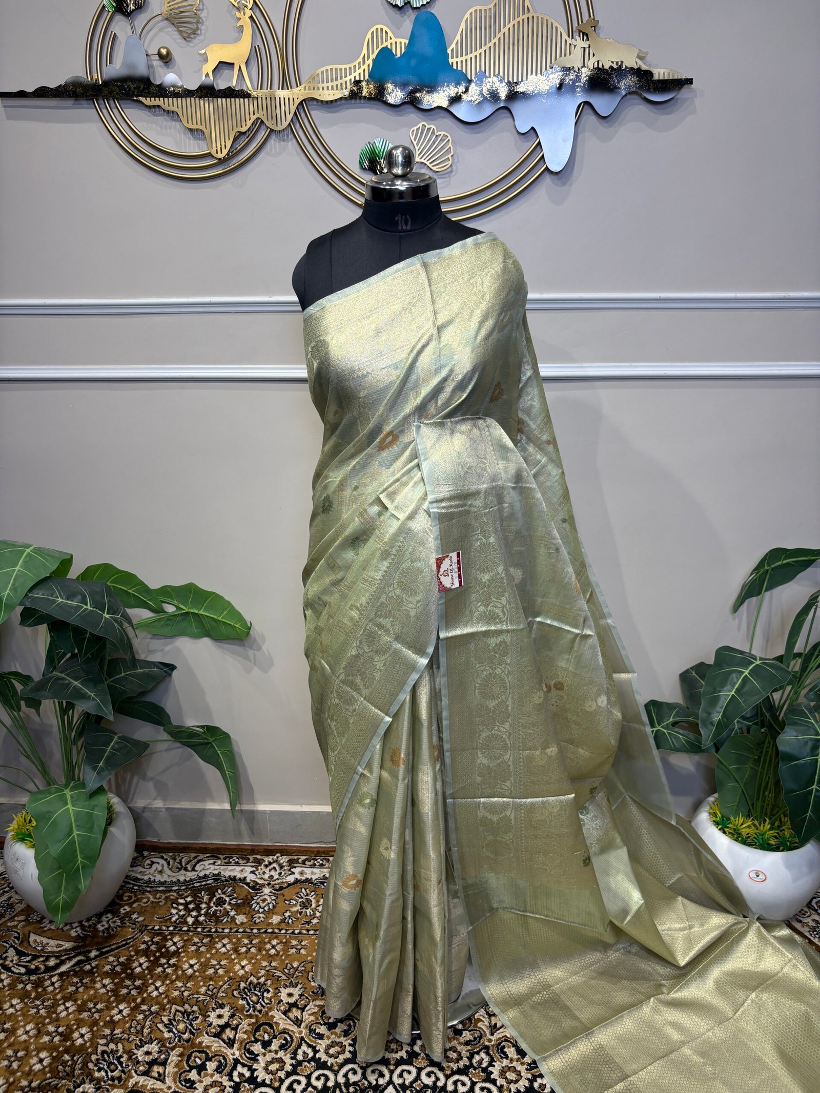 Sage Green & Gold Tissue Silk Saree with Meenakari Butis - Image 6