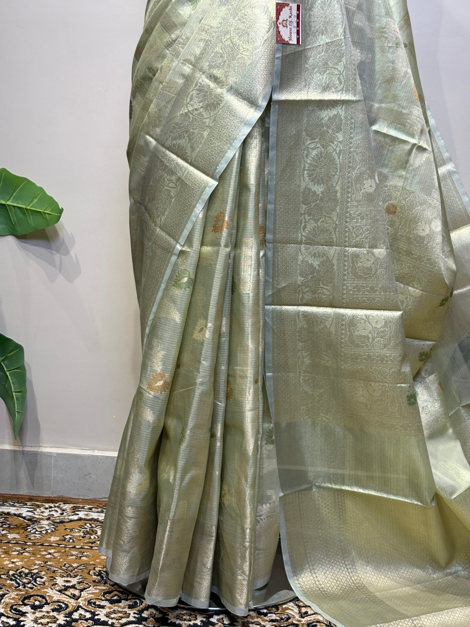 Sage Green & Gold Tissue Silk Saree with Meenakari Butis - Image 3