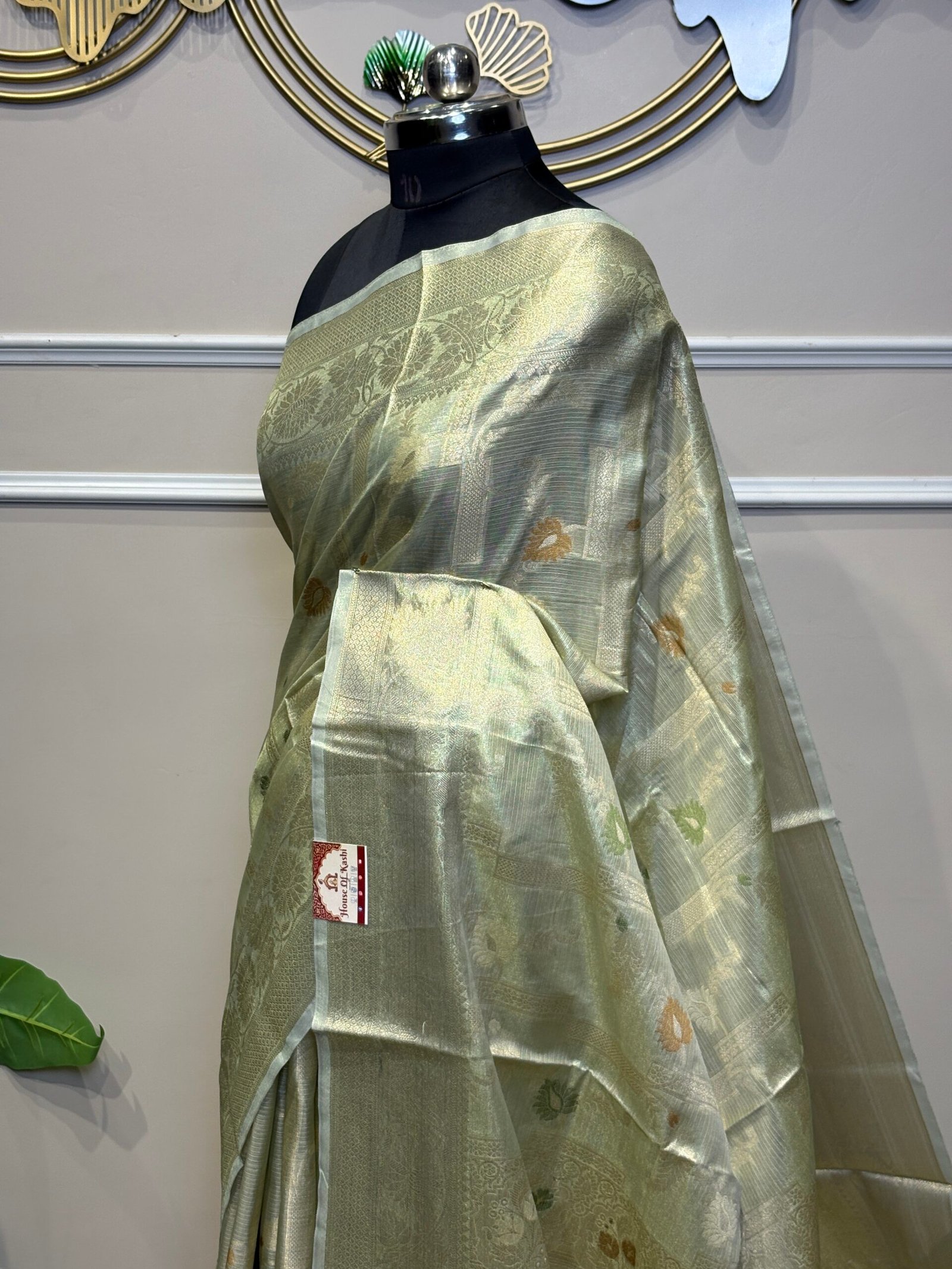 Sage Green & Gold Tissue Silk Saree with Meenakari Butis - Image 5