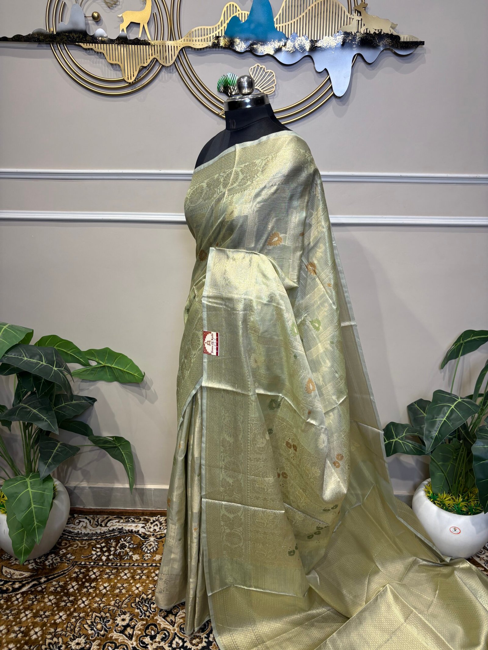 Sage Green & Gold Tissue Silk Saree with Meenakari Butis - Image 4