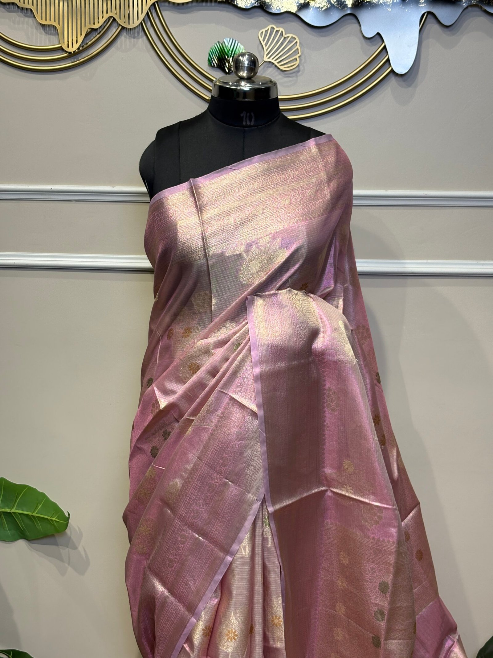 Blush Pink & Gold Tissue Silk Saree with Meenakari Floral Butis - Image 2