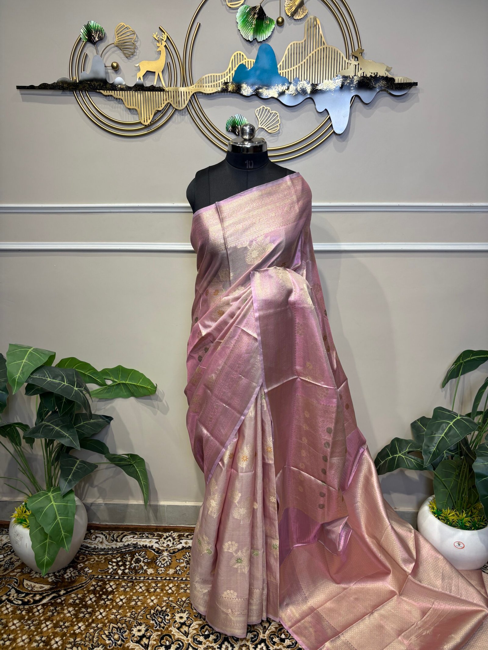 Blush Pink & Gold Tissue Silk Saree with Meenakari Floral Butis - Image 3