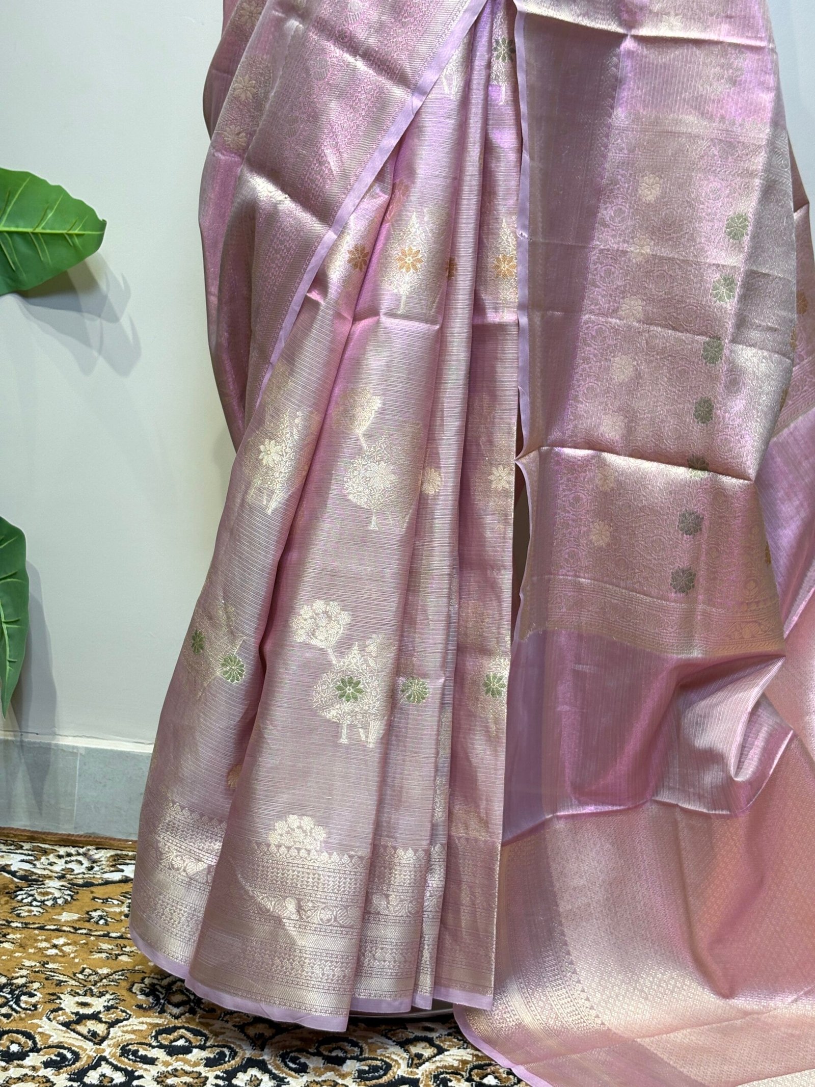 Blush Pink & Gold Tissue Silk Saree with Meenakari Floral Butis - Image 6
