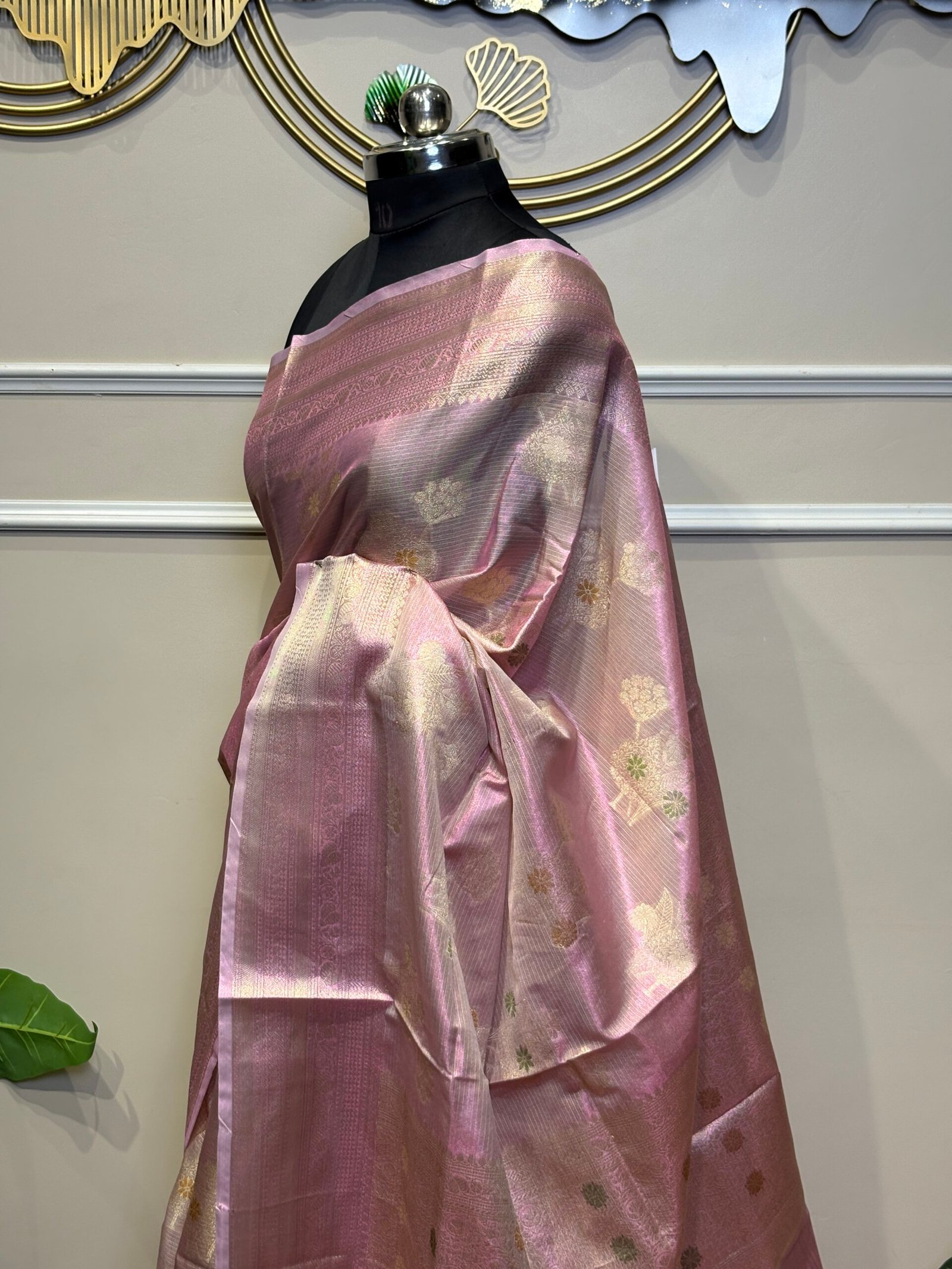 Blush Pink & Gold Tissue Silk Saree with Meenakari Floral Butis - Image 4