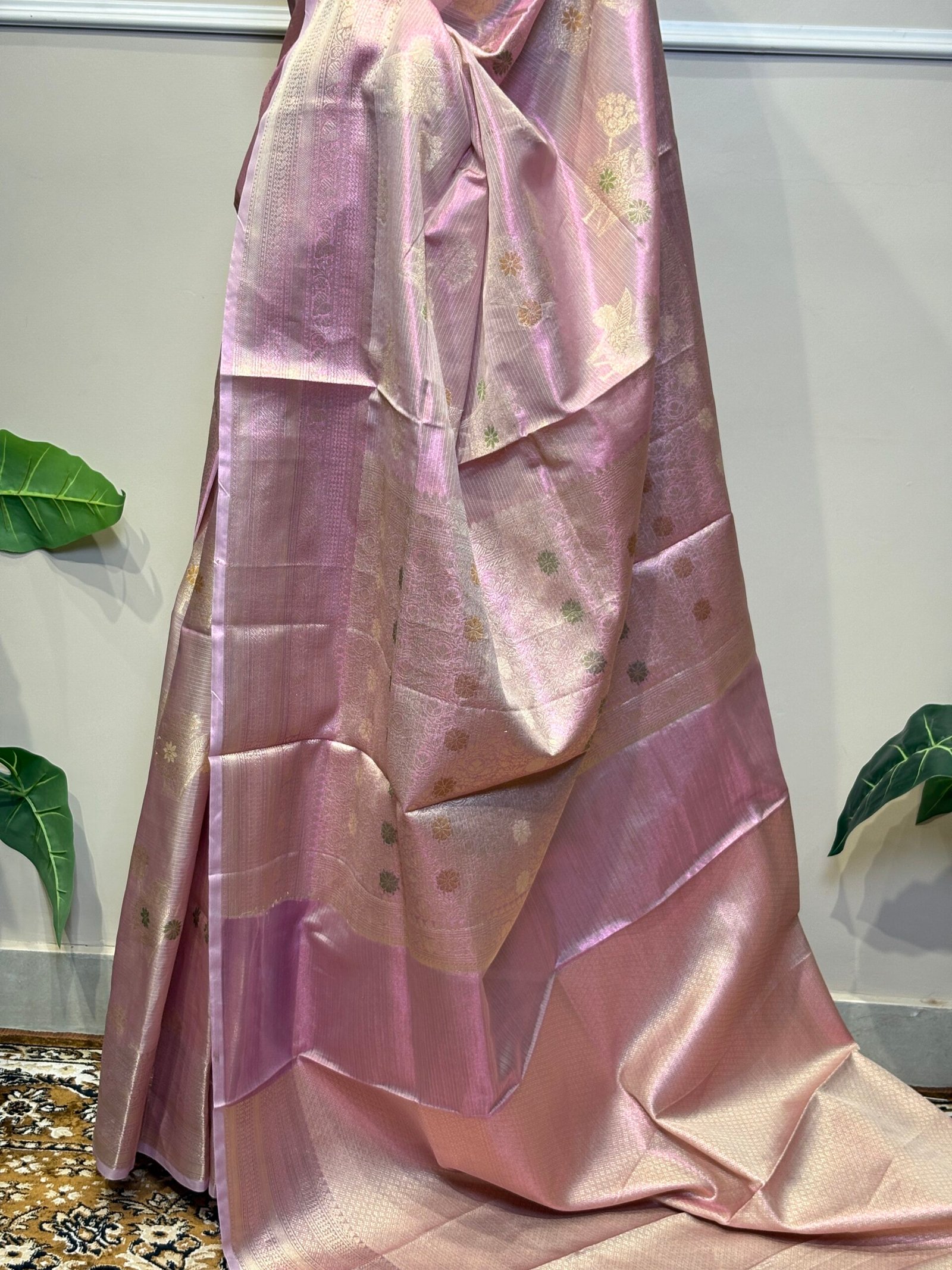 Blush Pink & Gold Tissue Silk Saree with Meenakari Floral Butis - Image 7