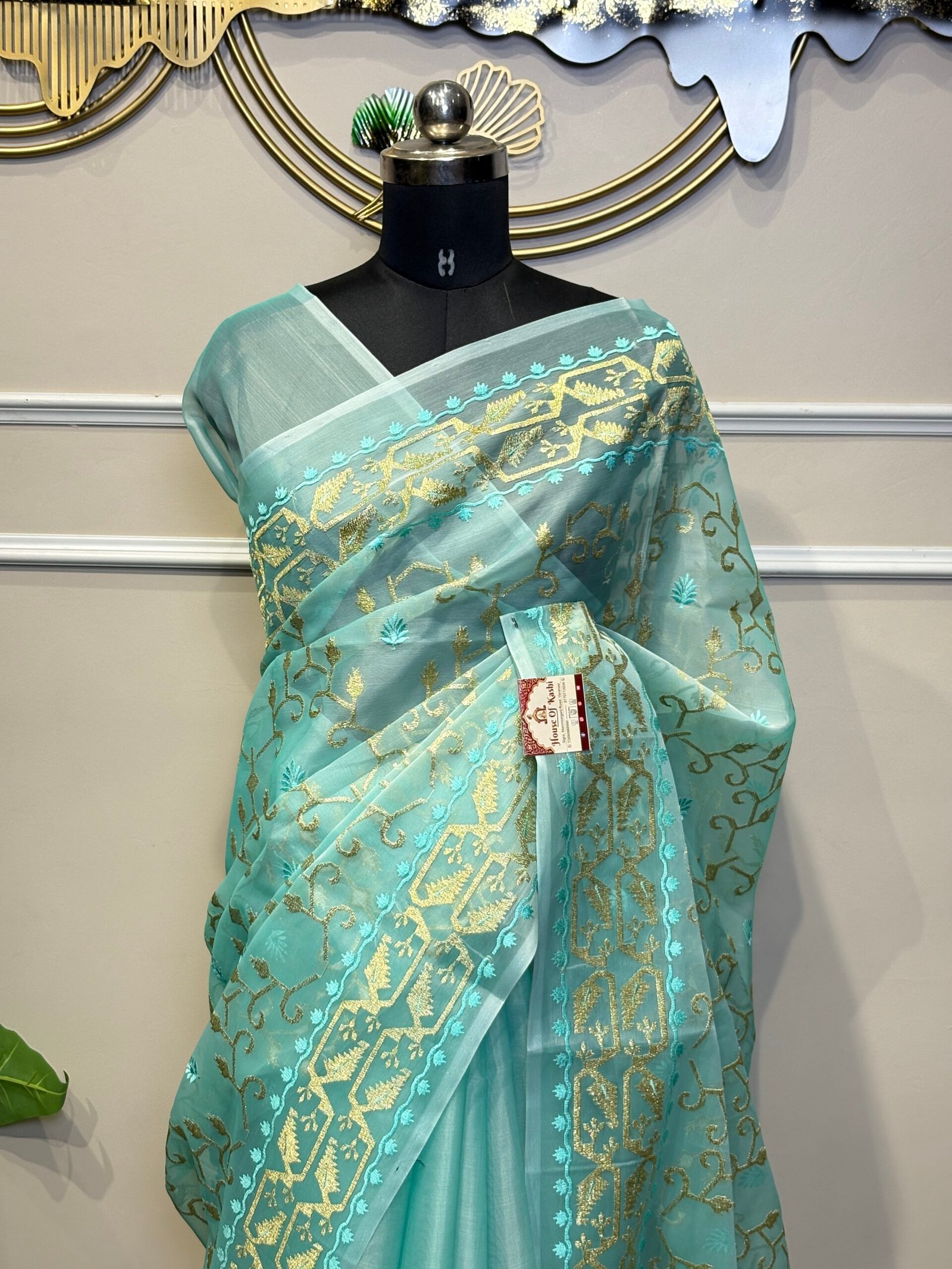 Green Sheer Organza Silk Saree with Gold Zari Jaal & Resham Embroidery - Image 2