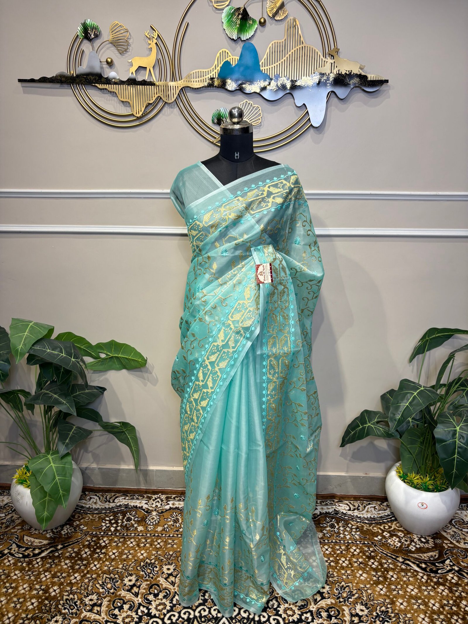 Green Sheer Organza Silk Saree with Gold Zari Jaal & Resham Embroidery - Image 6