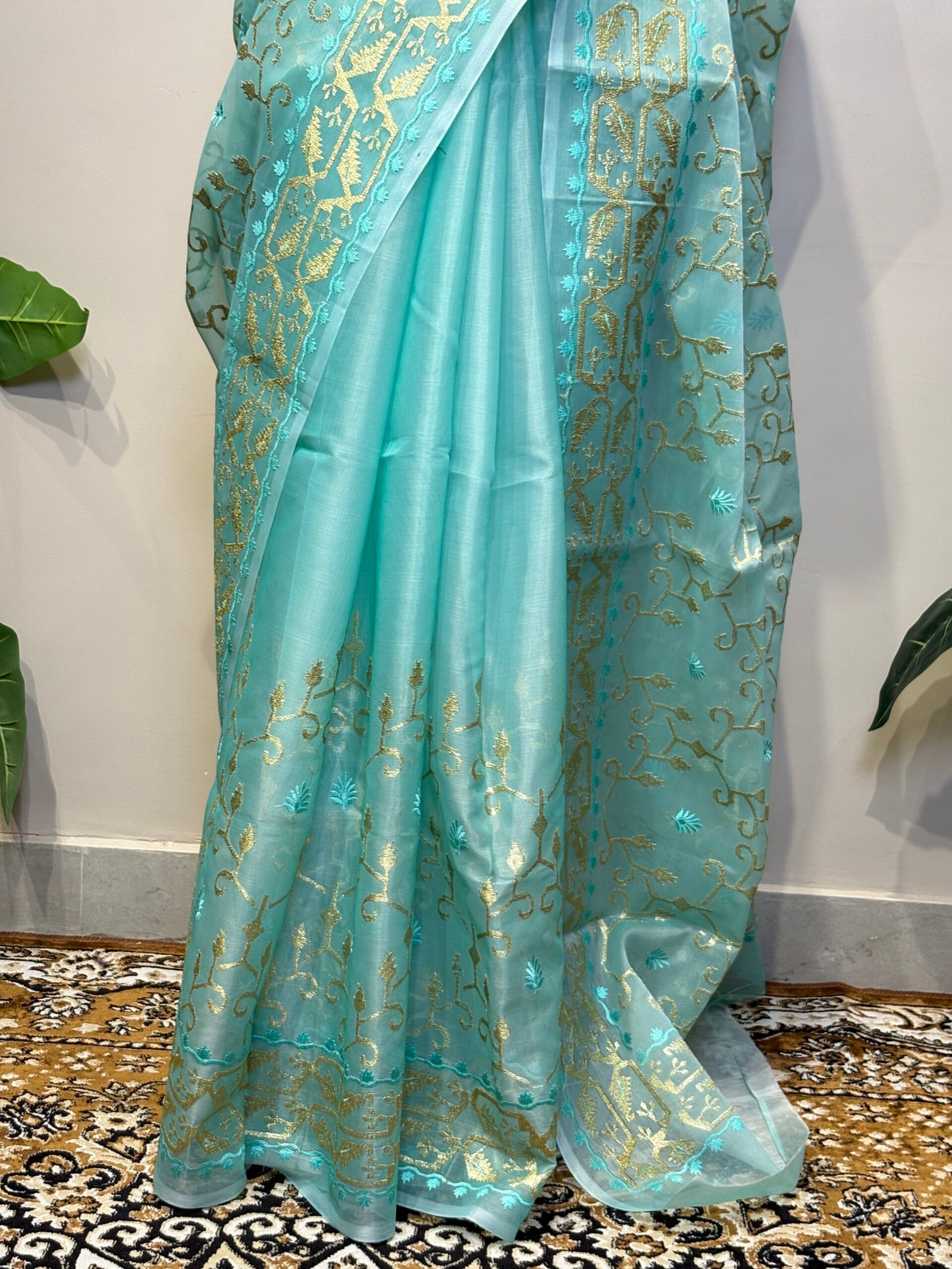 Green Sheer Organza Silk Saree with Gold Zari Jaal & Resham Embroidery - Image 4