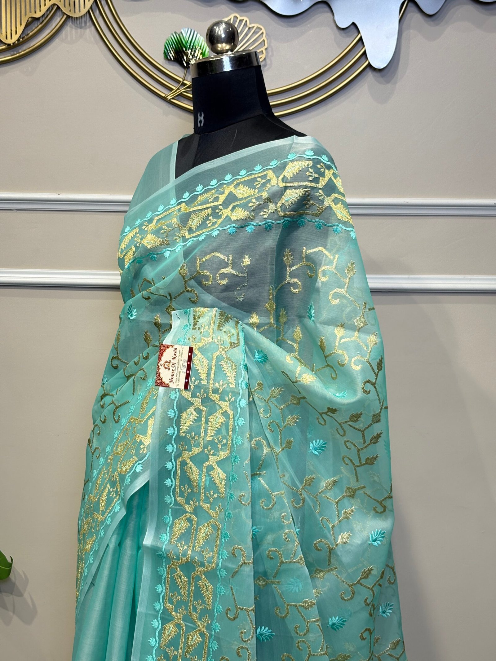 Green Sheer Organza Silk Saree with Gold Zari Jaal & Resham Embroidery - Image 3