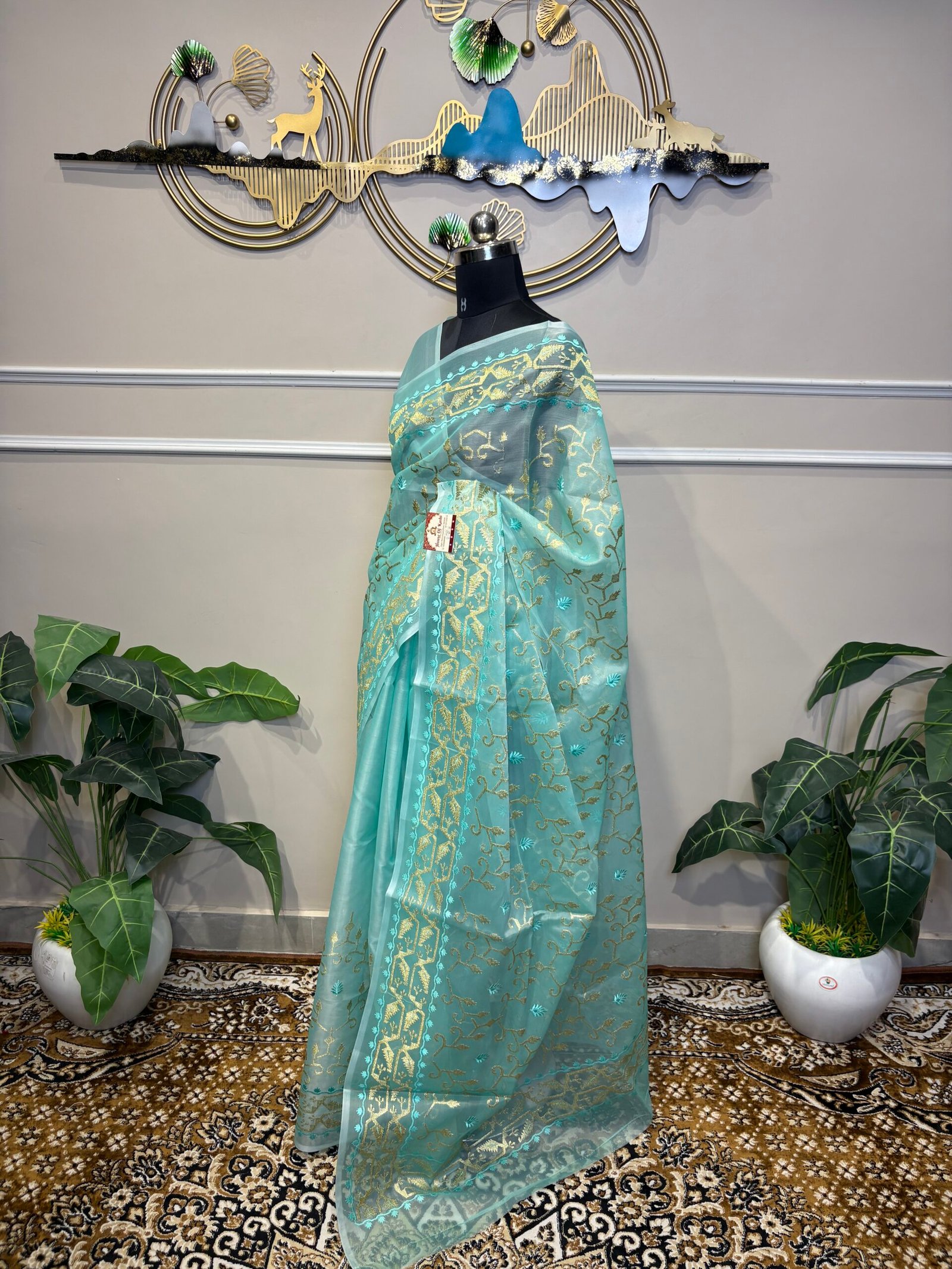 Green Sheer Organza Silk Saree with Gold Zari Jaal & Resham Embroidery - Image 7