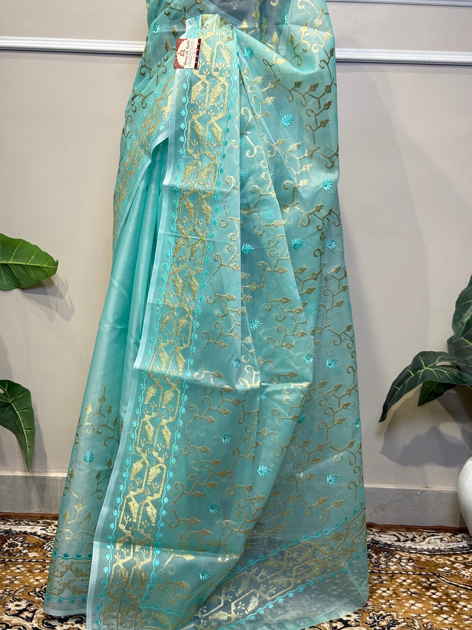 Green Sheer Organza Silk Saree with Gold Zari Jaal & Resham Embroidery - Image 5