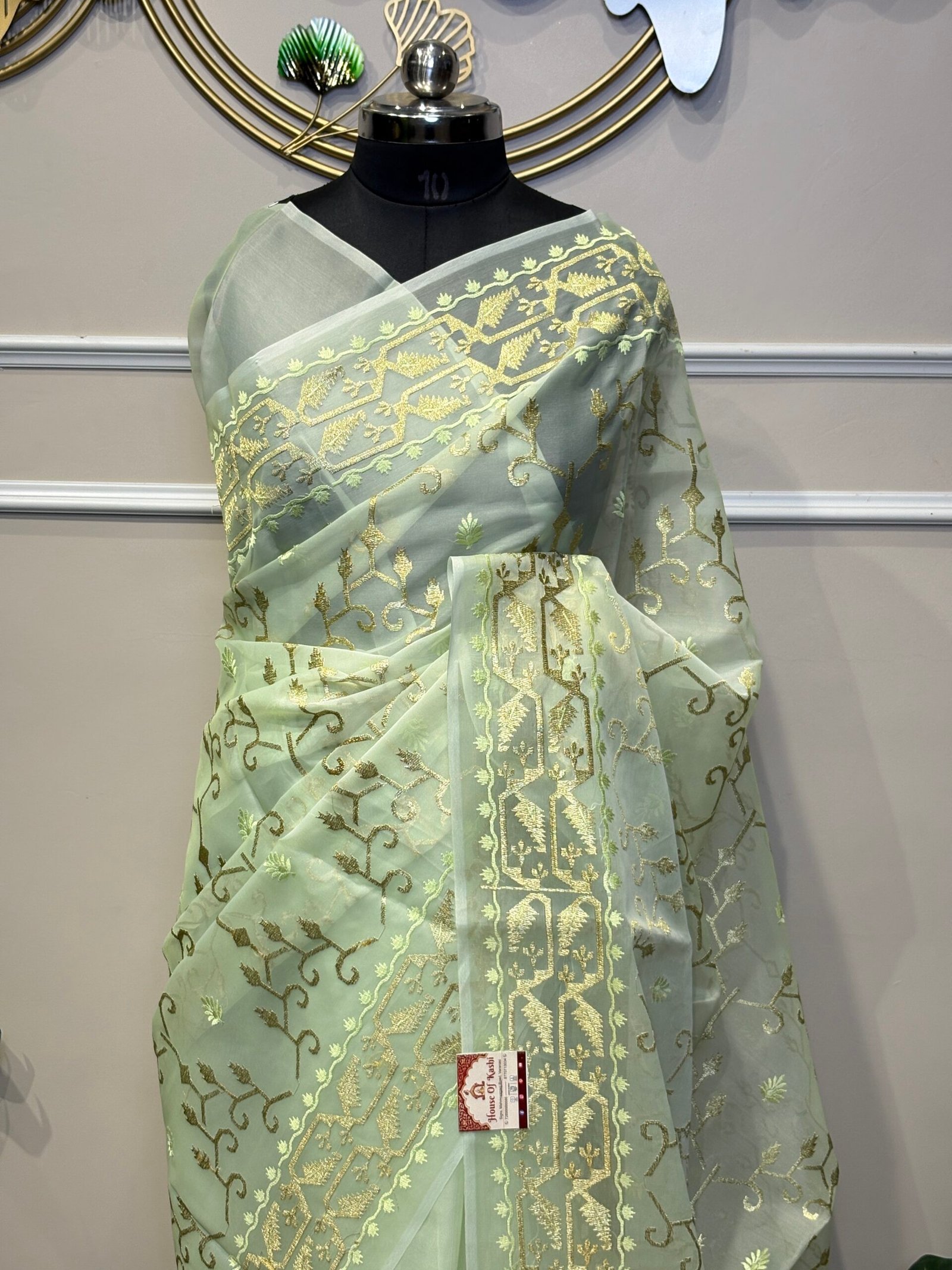 Mint Green Sheer Organza Silk Saree with Gold Zari Jaal & Resham Work - Image 2