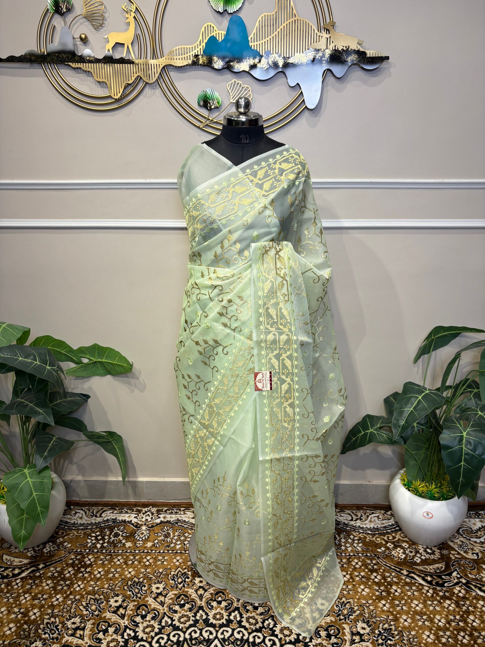 Mint Green Sheer Organza Silk Saree with Gold Zari Jaal & Resham Work - Image 5