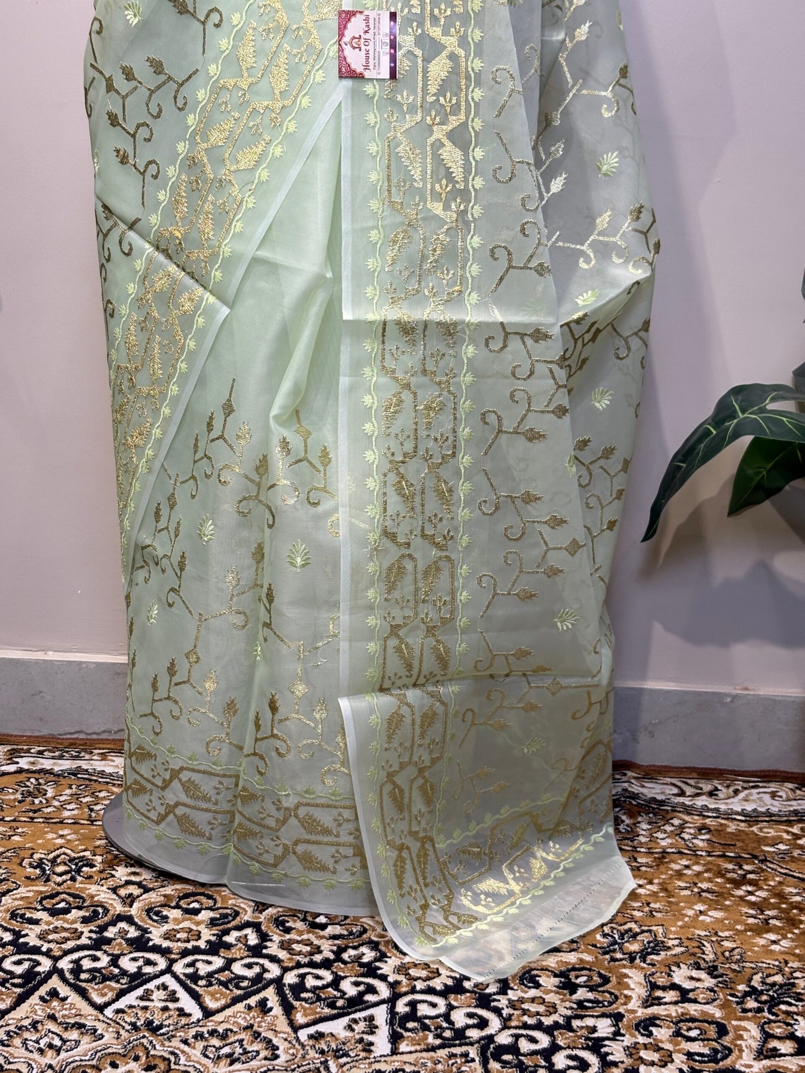 Mint Green Sheer Organza Silk Saree with Gold Zari Jaal & Resham Work - Image 4