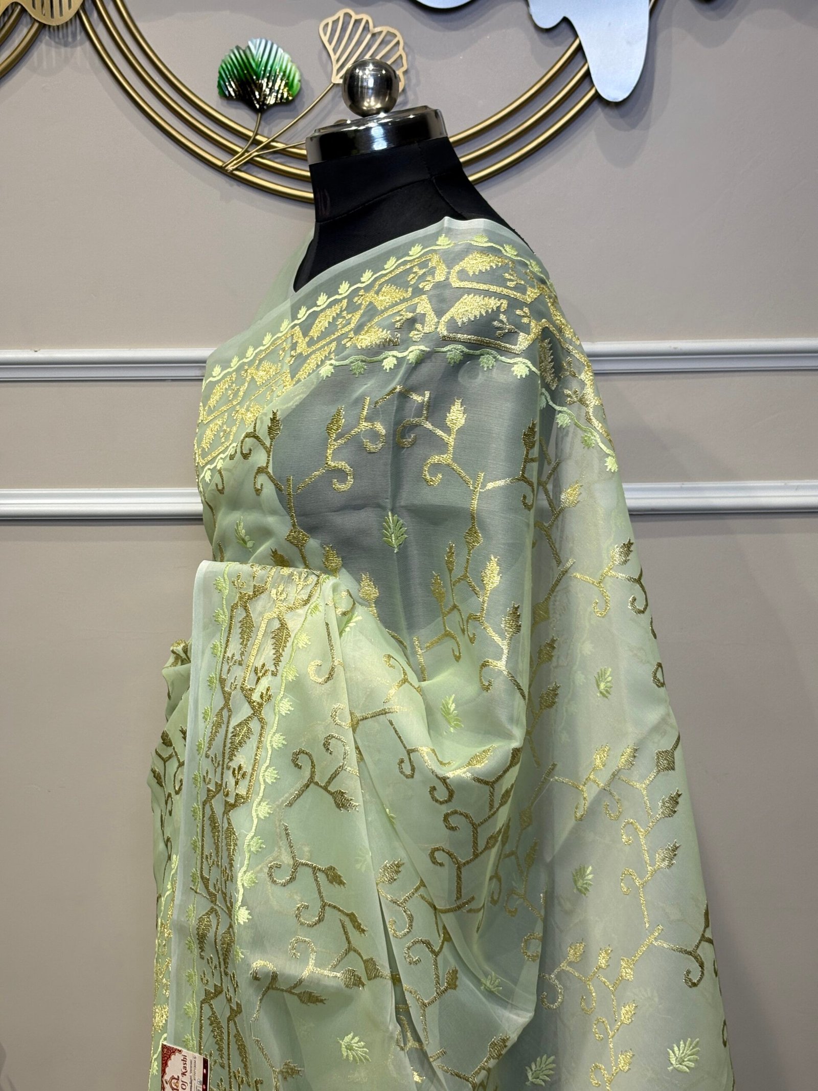 Mint Green Sheer Organza Silk Saree with Gold Zari Jaal & Resham Work - Image 3