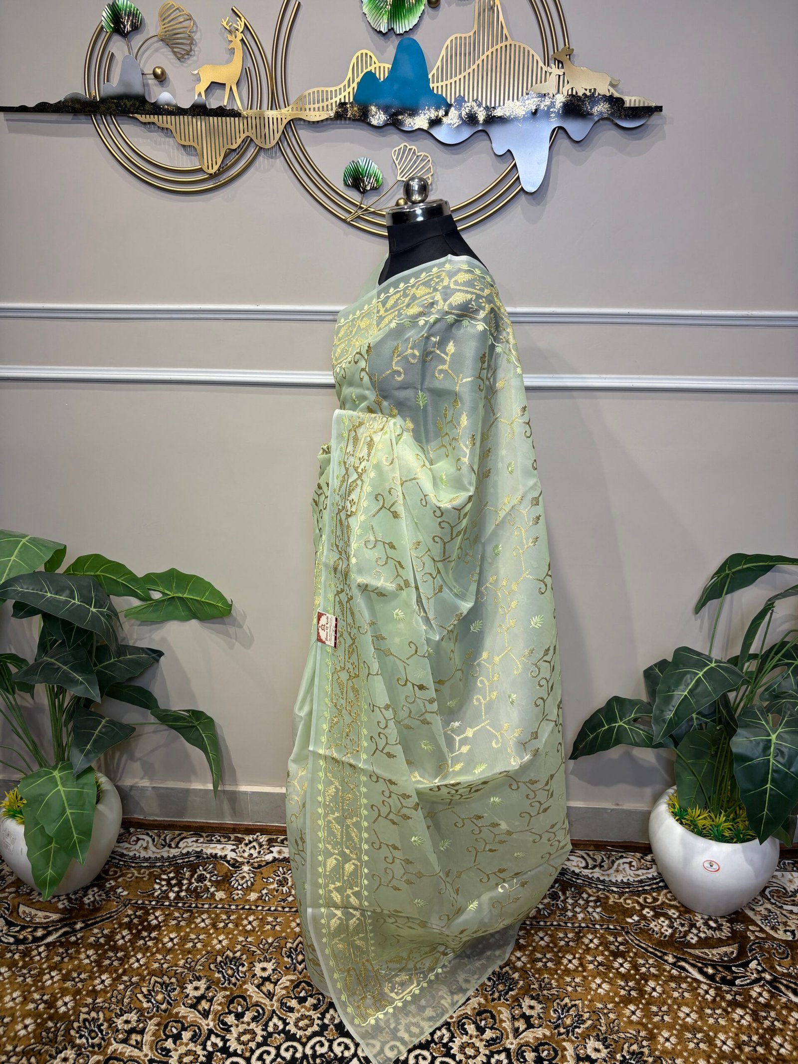 Mint Green Sheer Organza Silk Saree with Gold Zari Jaal & Resham Work - Image 6
