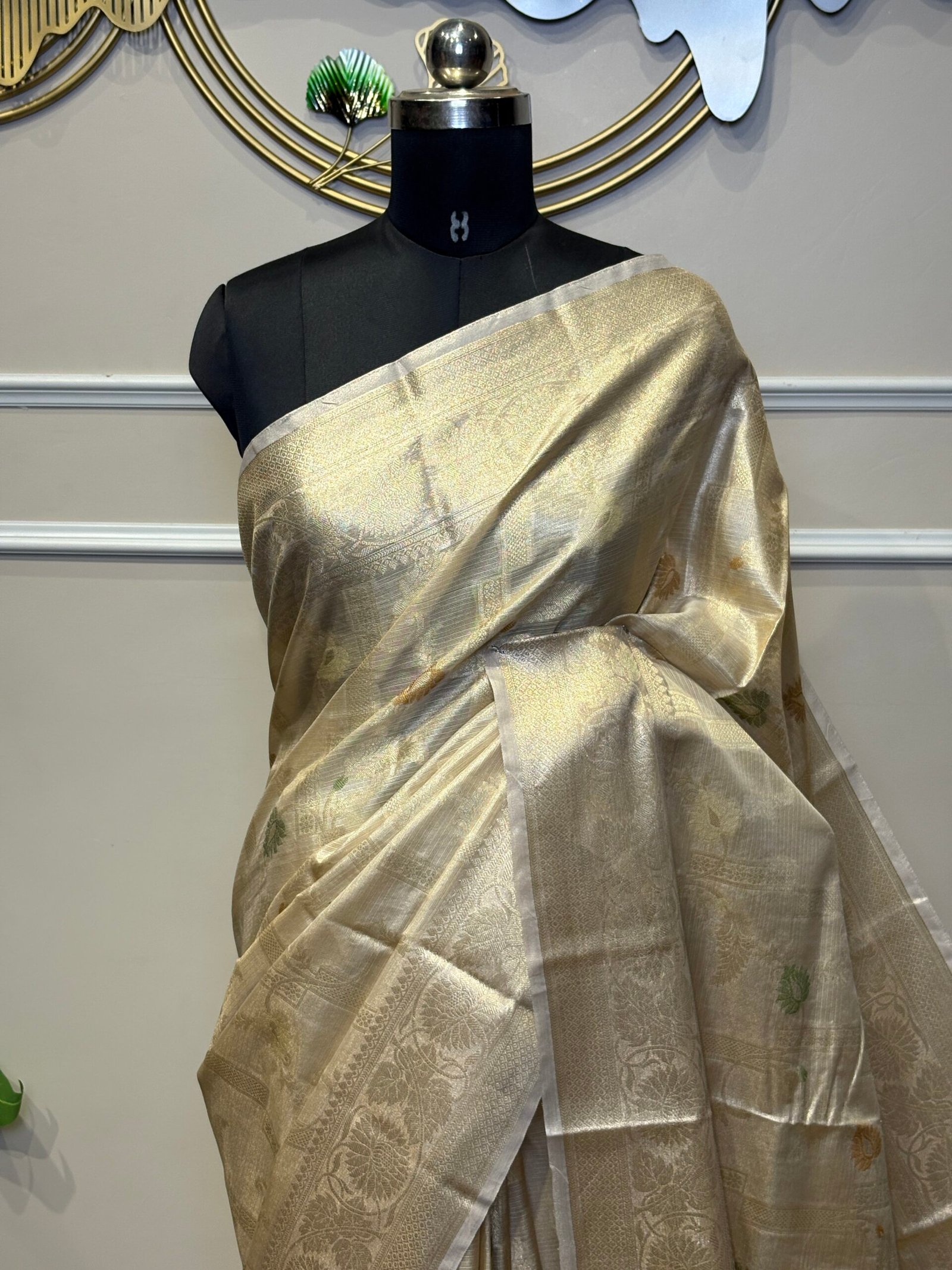 Gold Tissue Silk Saree with Meenakari Butis & Floral Zari Border - Image 4