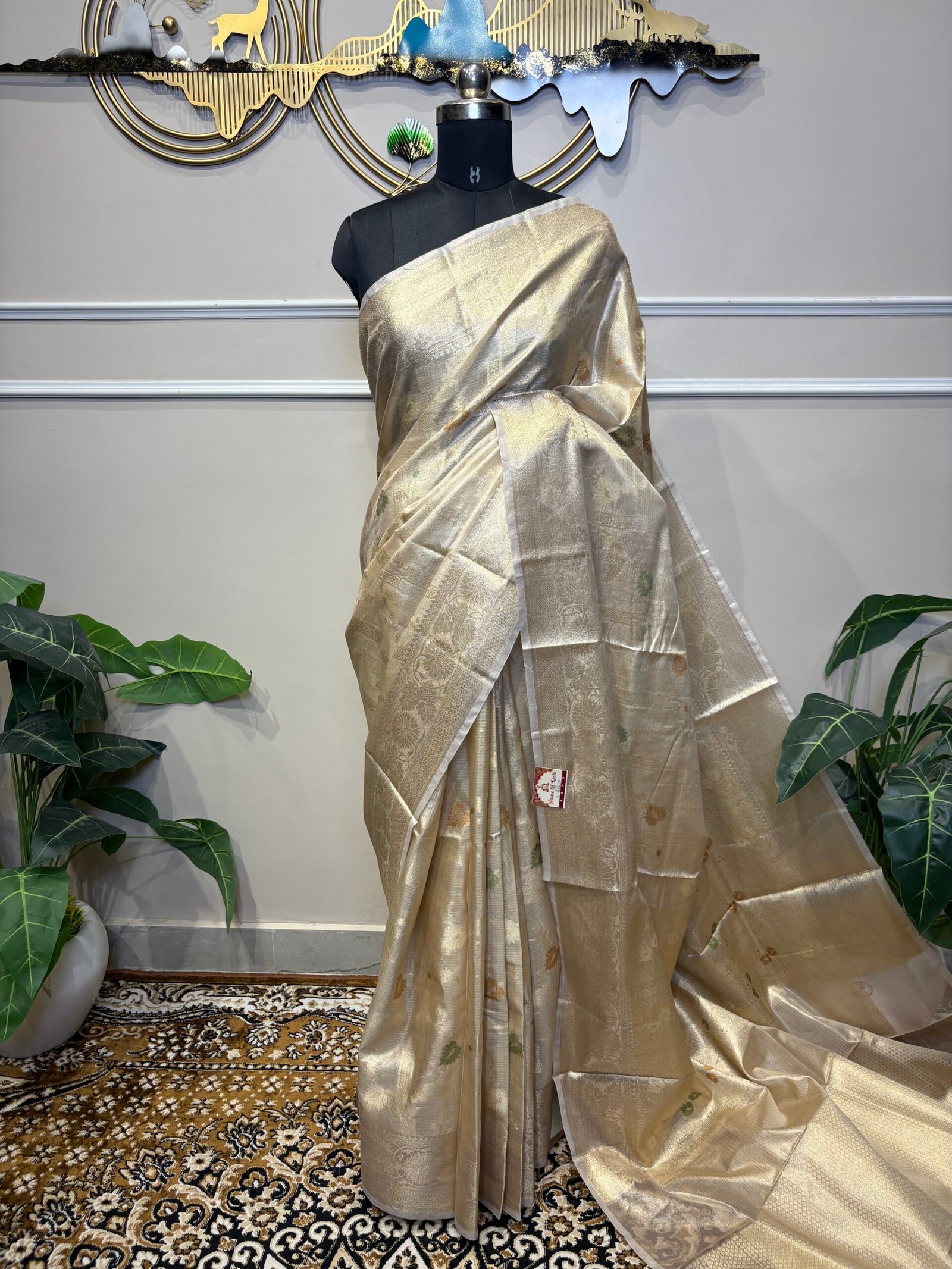 Gold Tissue Silk Saree with Meenakari Butis & Floral Zari Border - Image 2