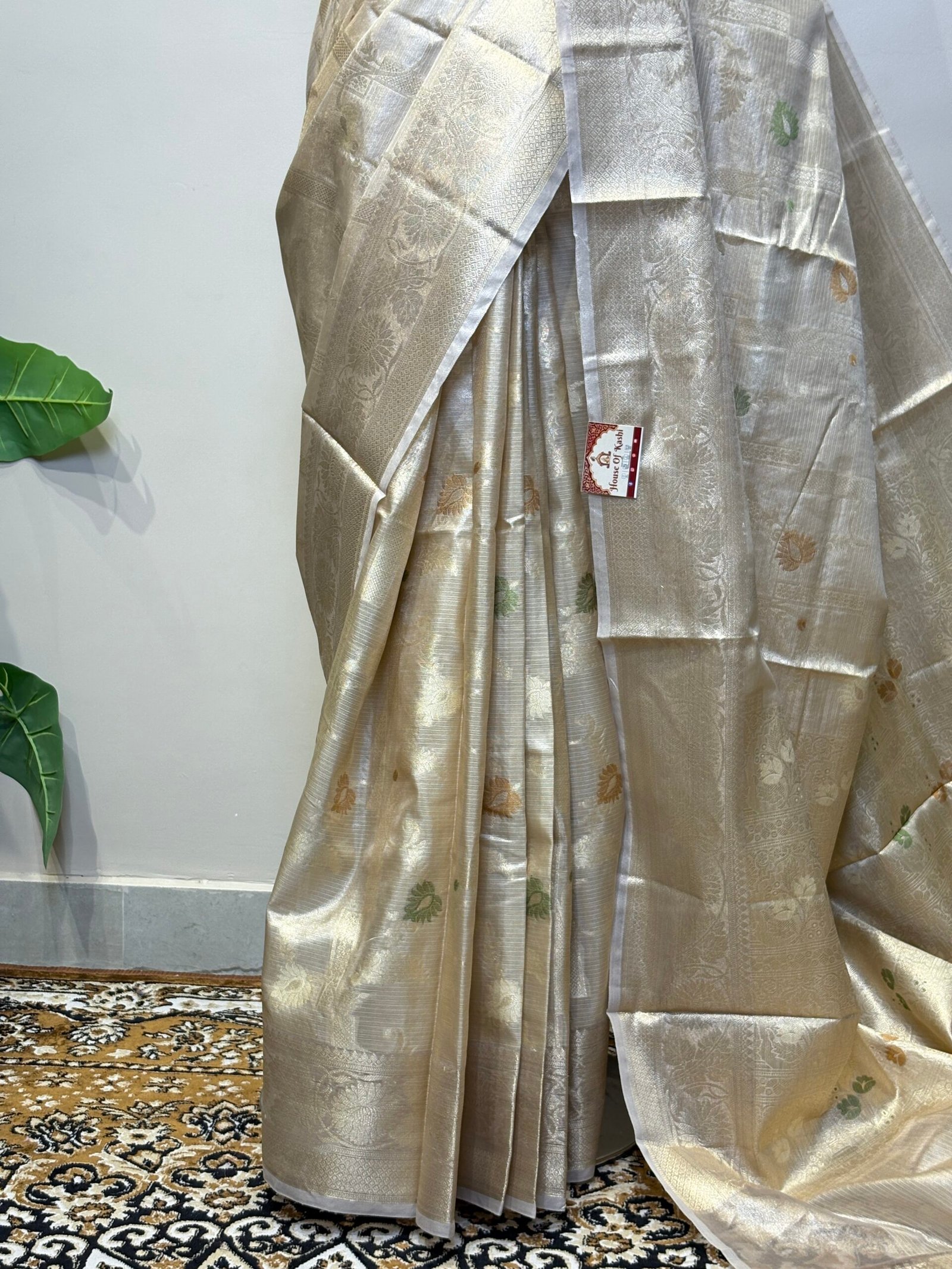 Gold Tissue Silk Saree with Meenakari Butis & Floral Zari Border - Image 5
