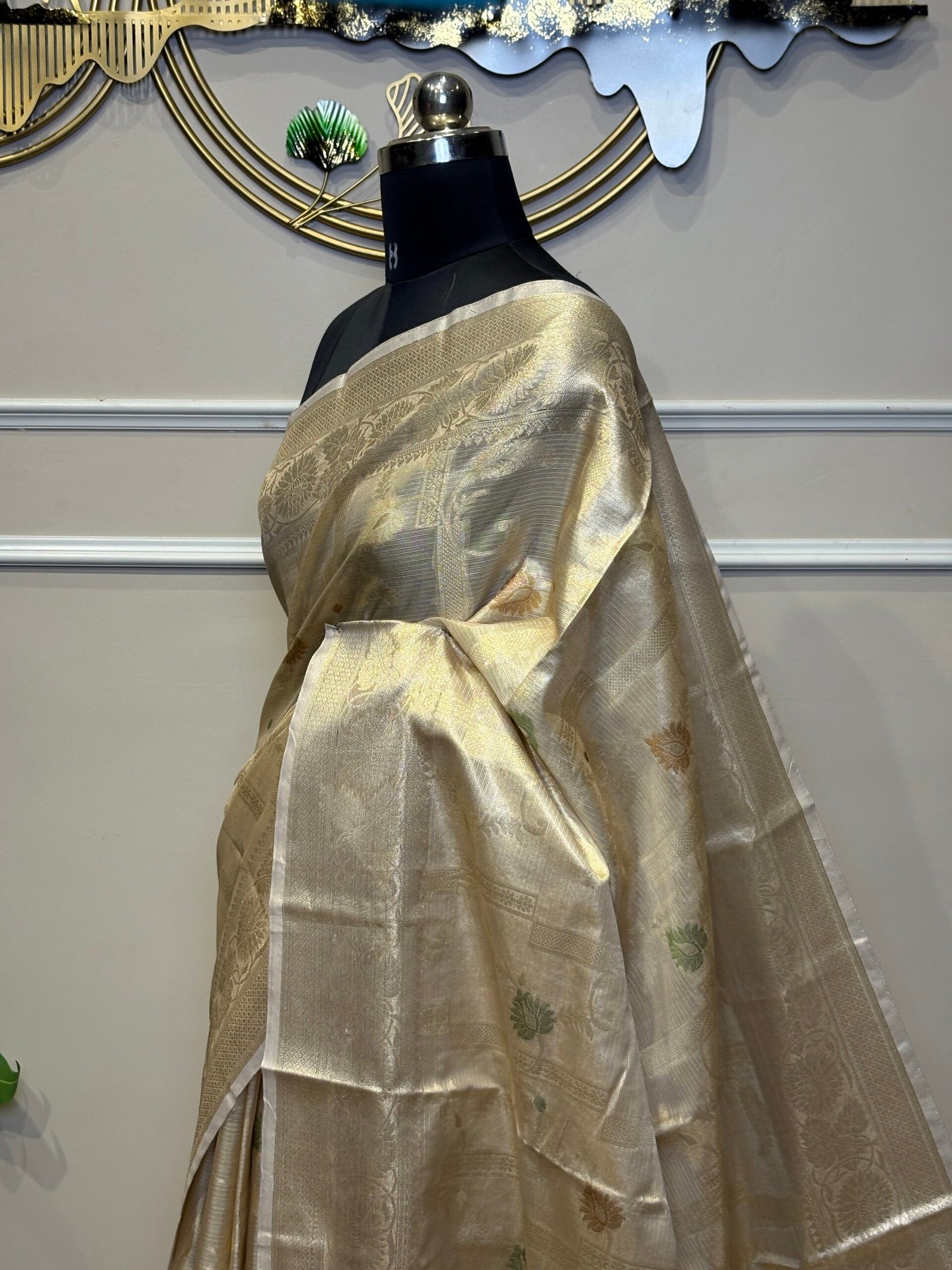 Gold Tissue Silk Saree with Meenakari Butis & Floral Zari Border - Image 3