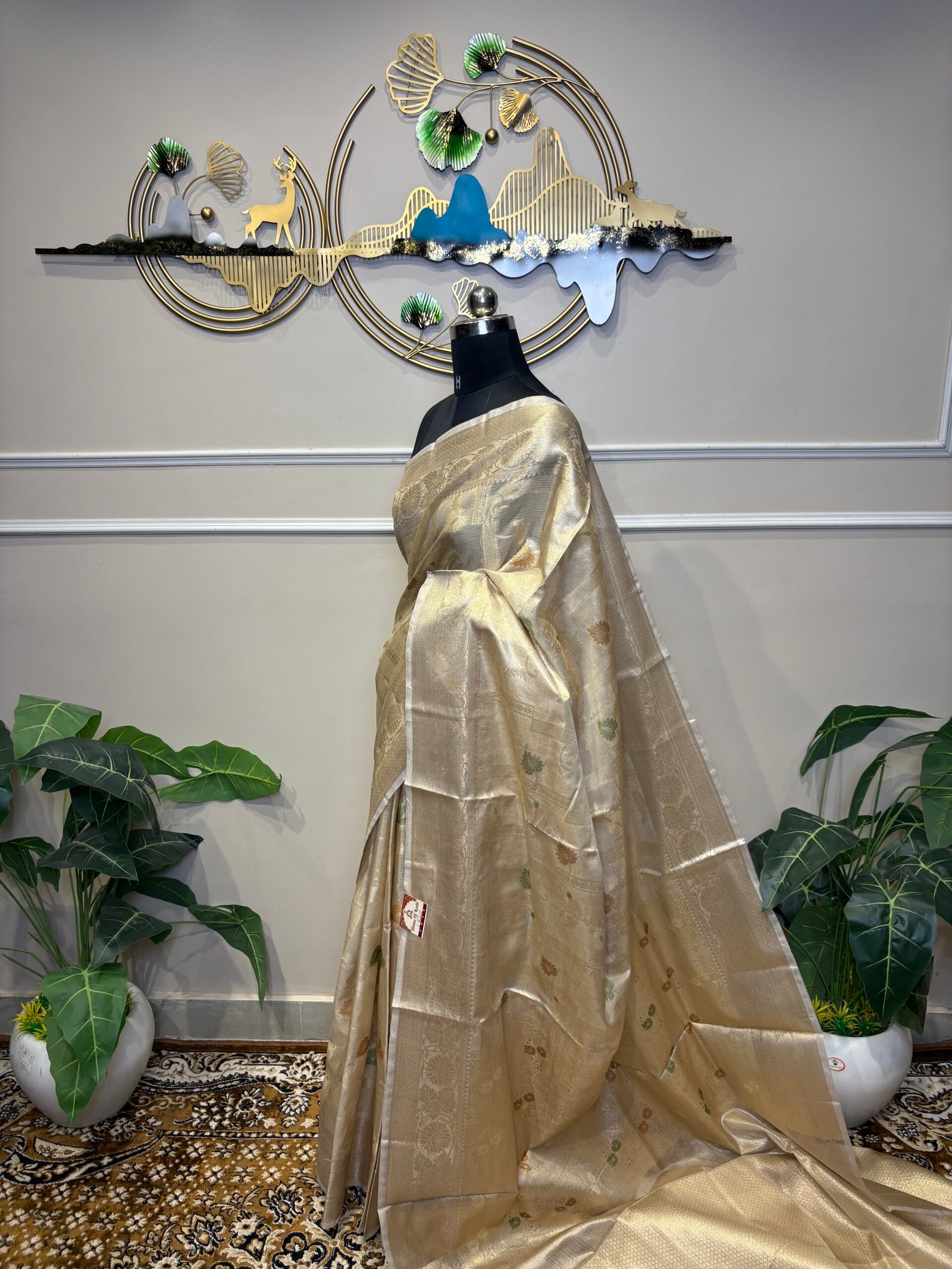 Gold Tissue Silk Saree with Meenakari Butis & Floral Zari Border - Image 6