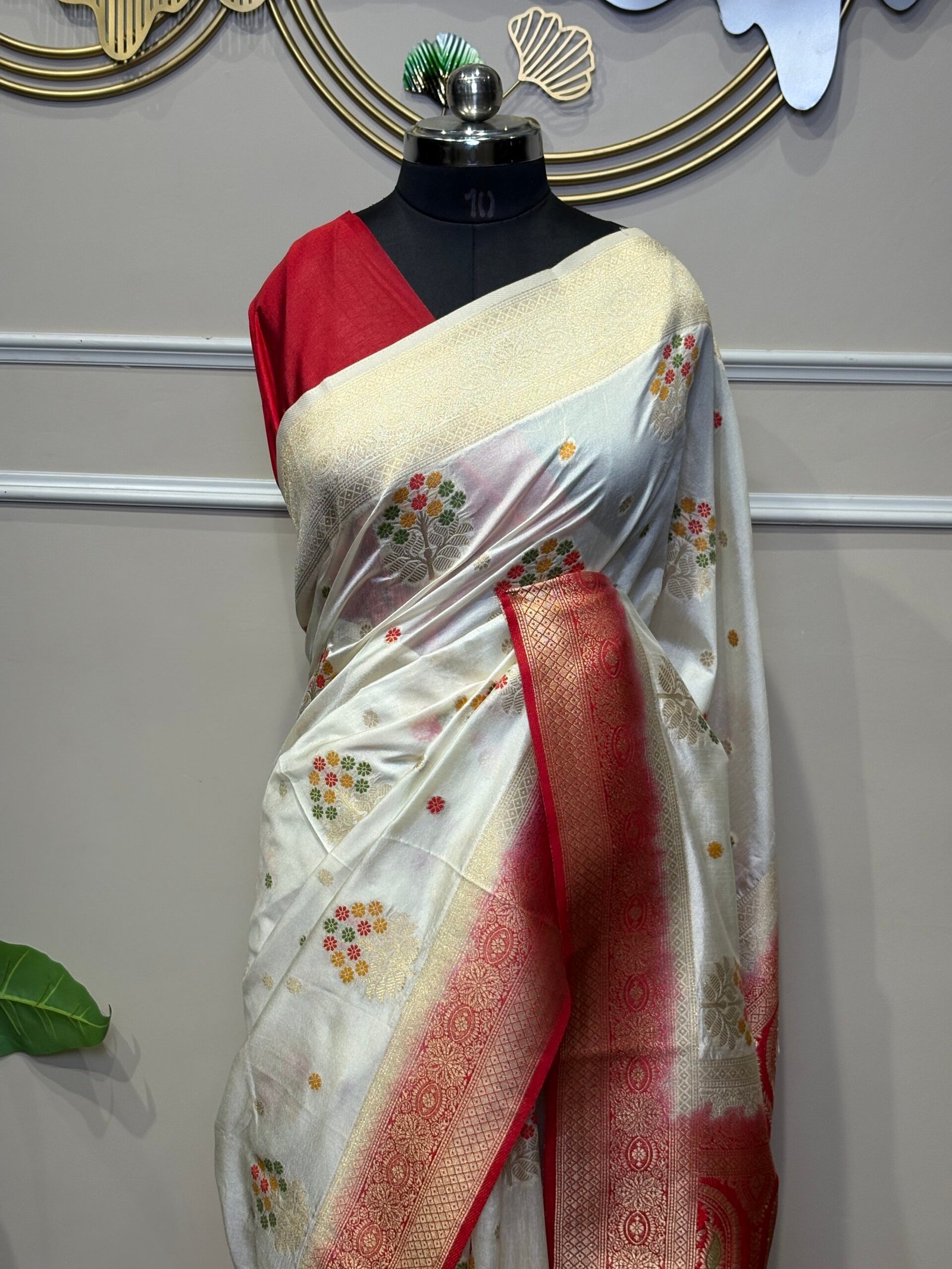 Ivory Banarasi Saree with Red Border