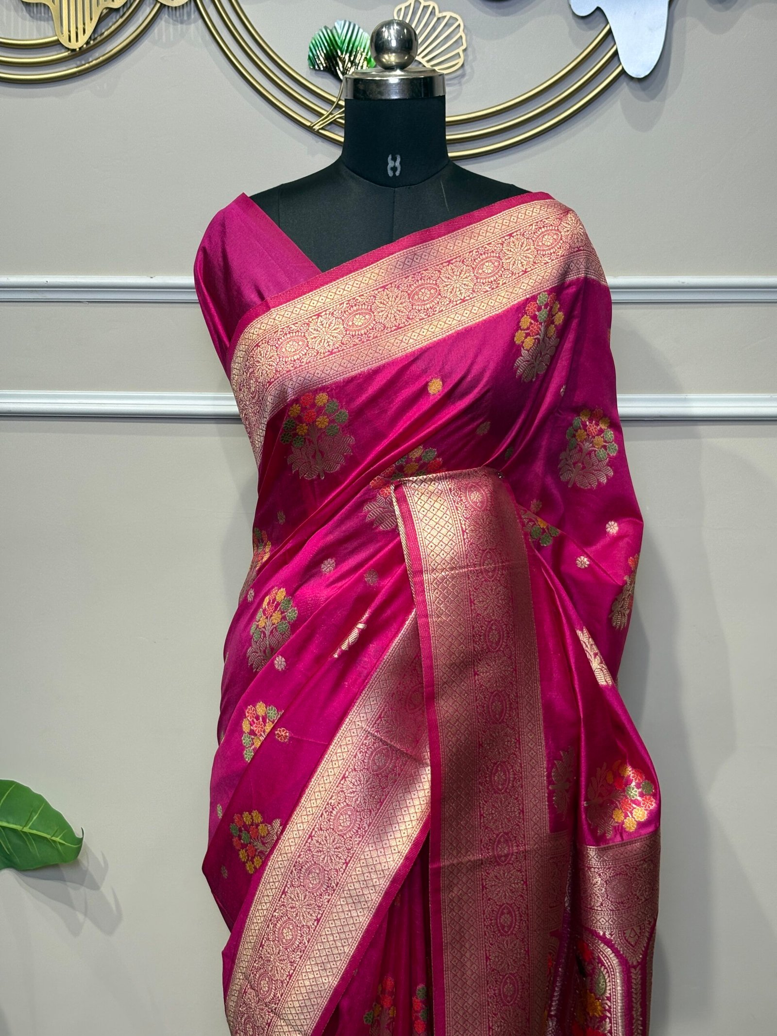 Rani Pink Banarasi Saree with Multicolor Floral Motifs