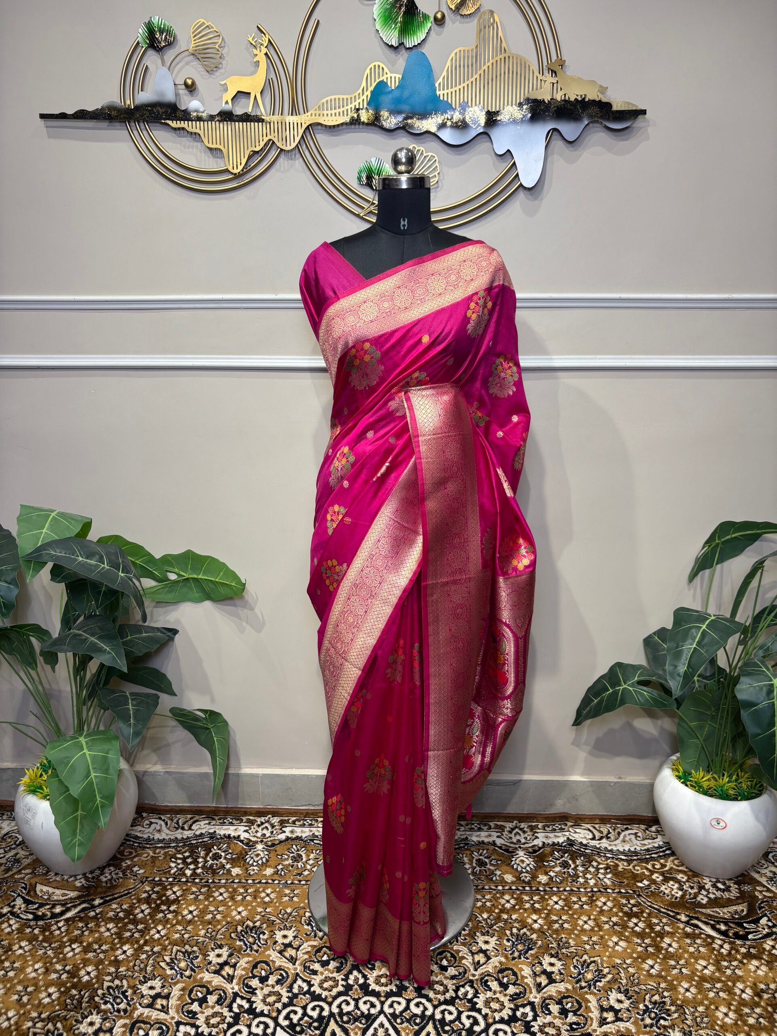 Rani Pink Banarasi Saree with Multicolor Floral Motifs - Image 2