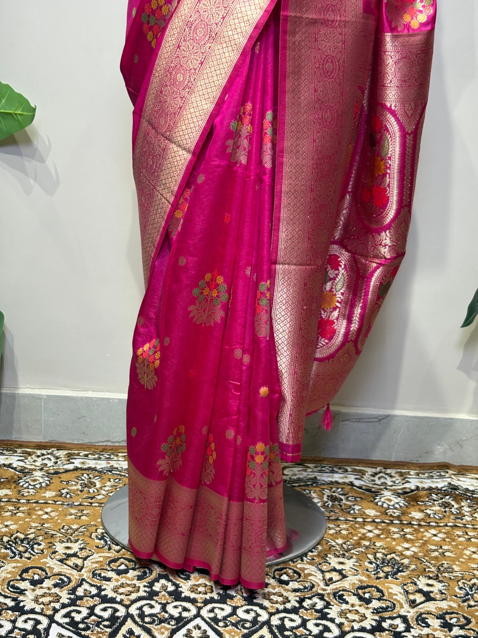 Rani Pink Banarasi Saree with Multicolor Floral Motifs - Image 5