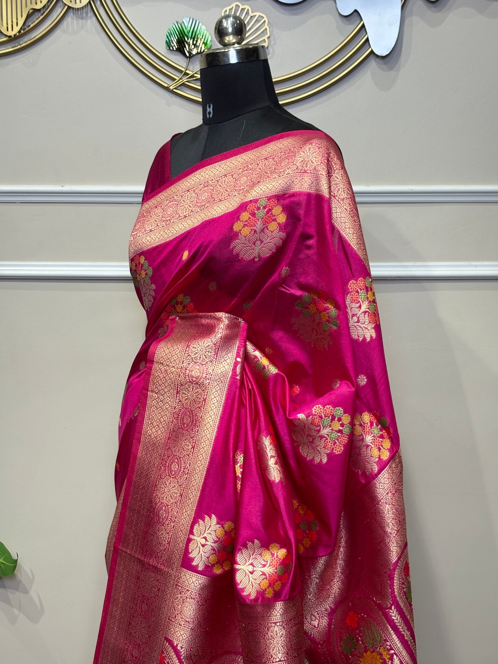 Rani Pink Banarasi Saree with Multicolor Floral Motifs - Image 3