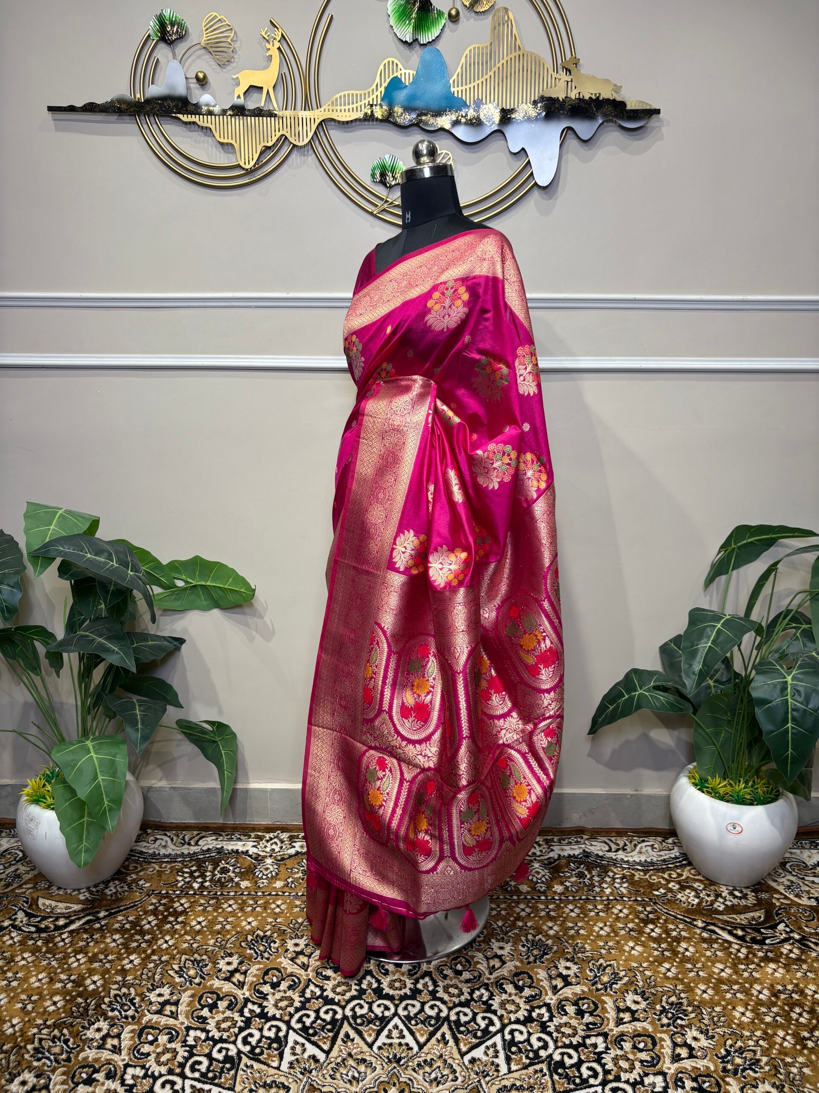 Rani Pink Banarasi Saree with Multicolor Floral Motifs - Image 4