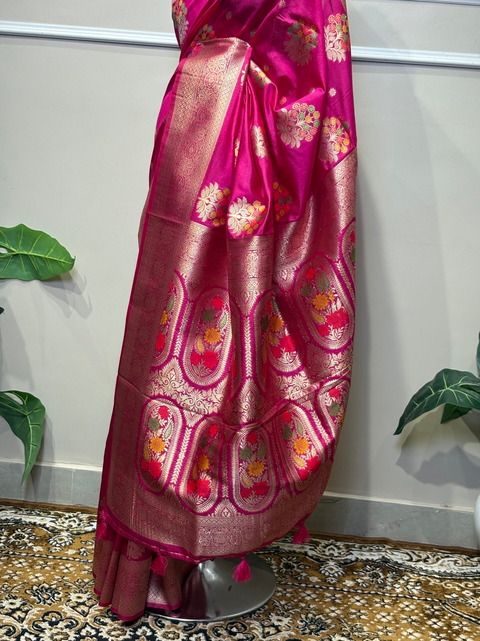 Rani Pink Banarasi Saree with Multicolor Floral Motifs - Image 6