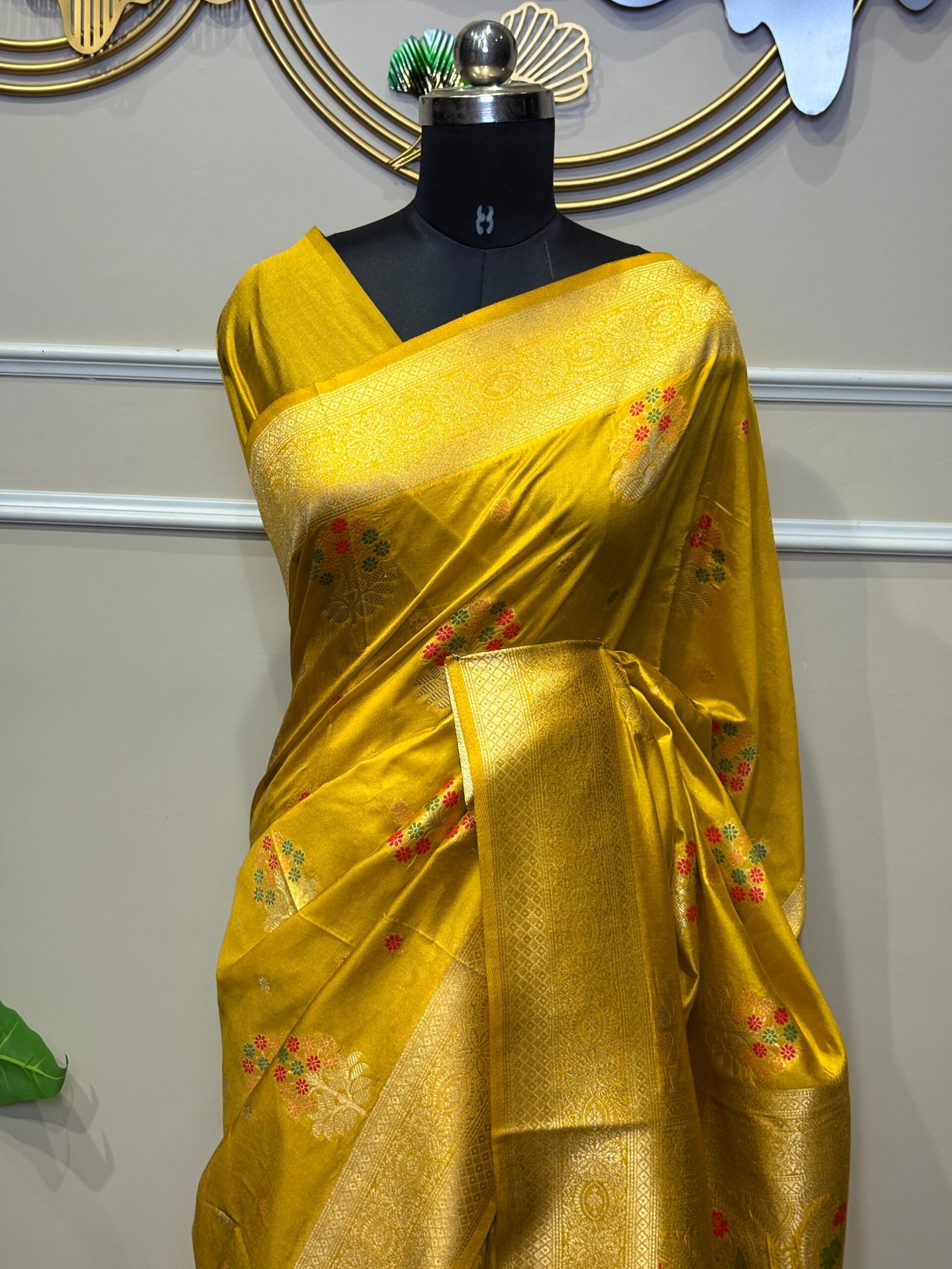 Mustard Gold Banarasi Saree with Multicolor Floral Motifs