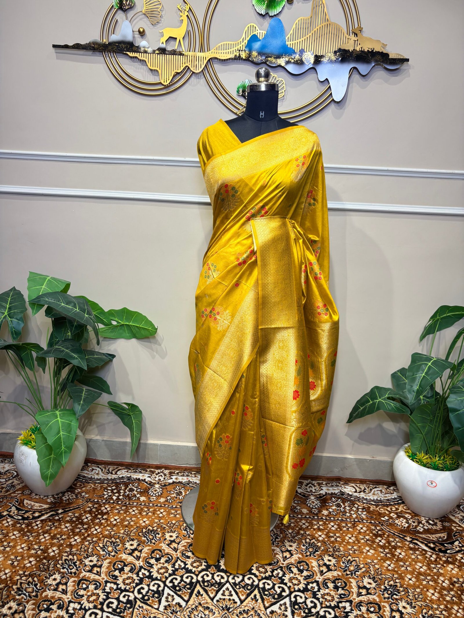 Mustard Gold Banarasi Saree with Multicolor Floral Motifs - Image 5