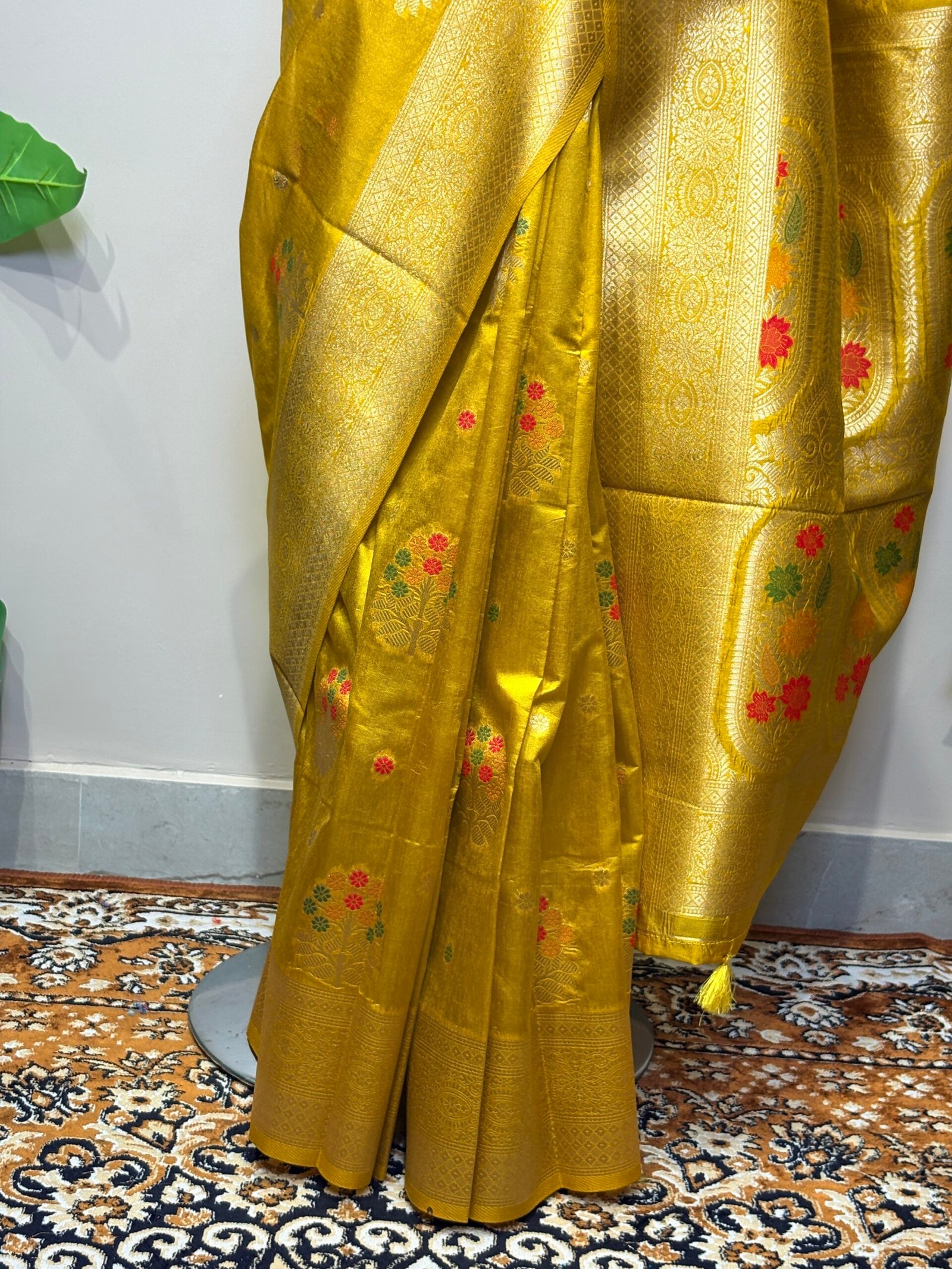 Mustard Gold Banarasi Saree with Multicolor Floral Motifs - Image 4