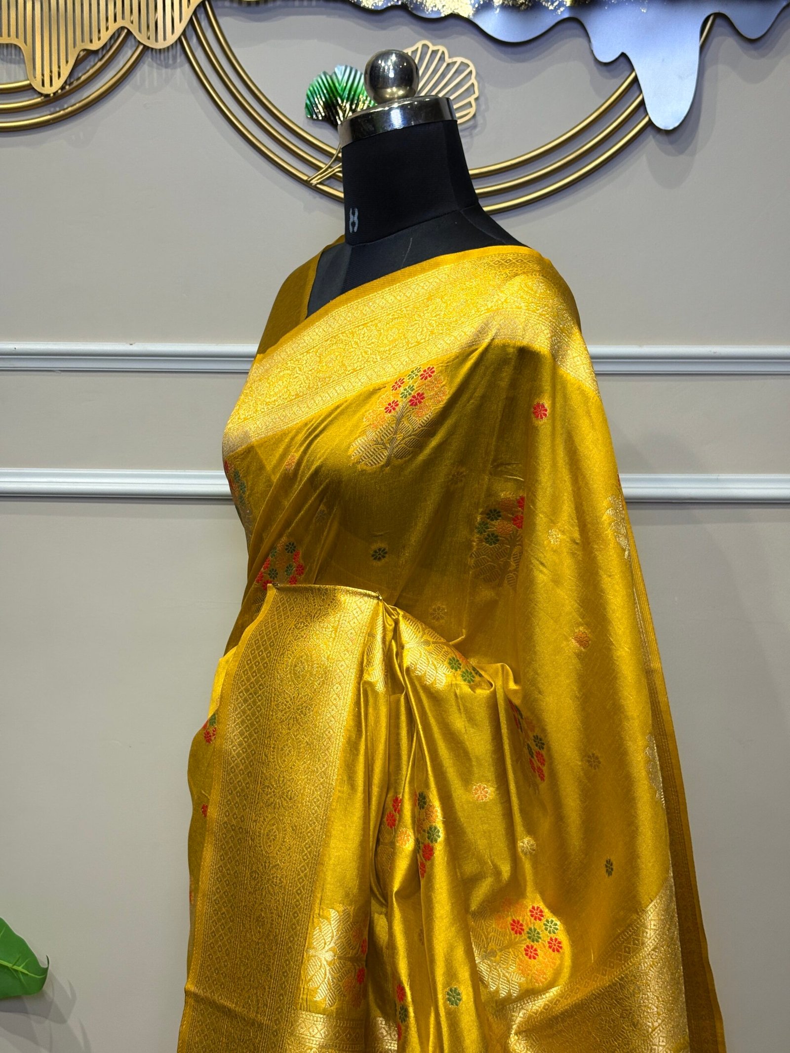 Mustard Gold Banarasi Saree with Multicolor Floral Motifs - Image 3