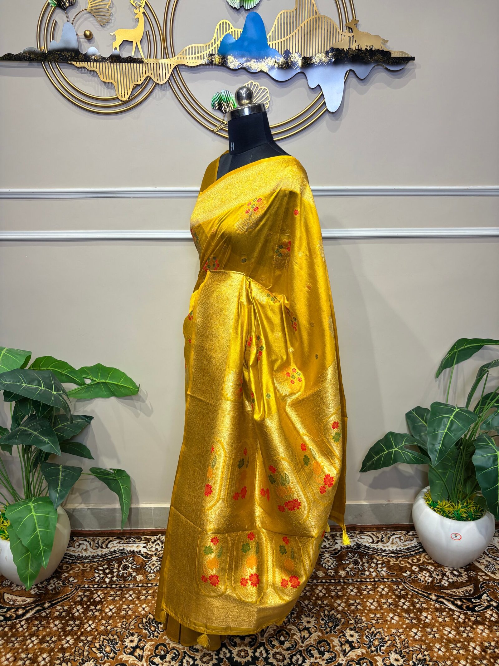 Mustard Gold Banarasi Saree with Multicolor Floral Motifs - Image 2