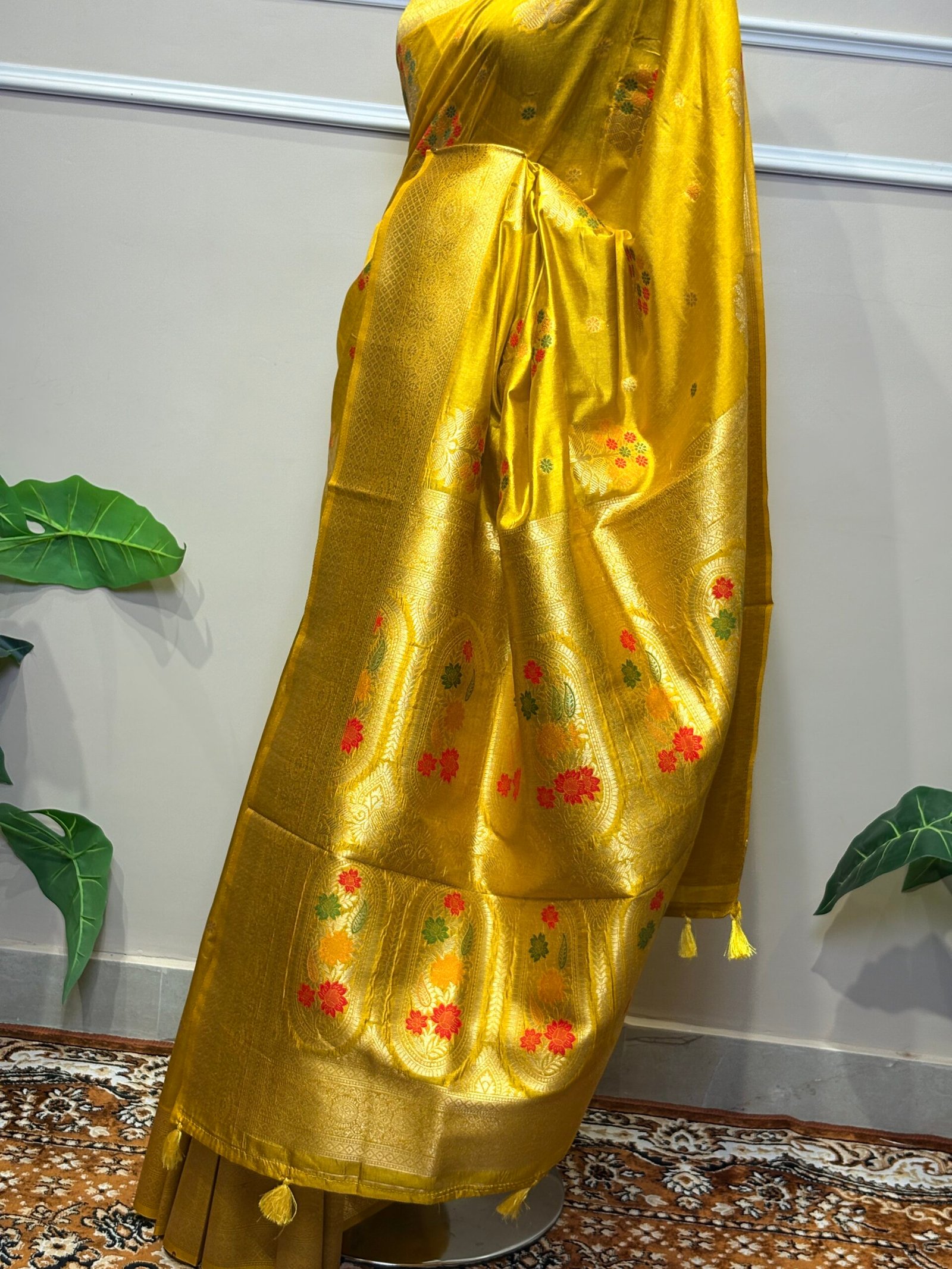 Mustard Gold Banarasi Saree with Multicolor Floral Motifs - Image 6