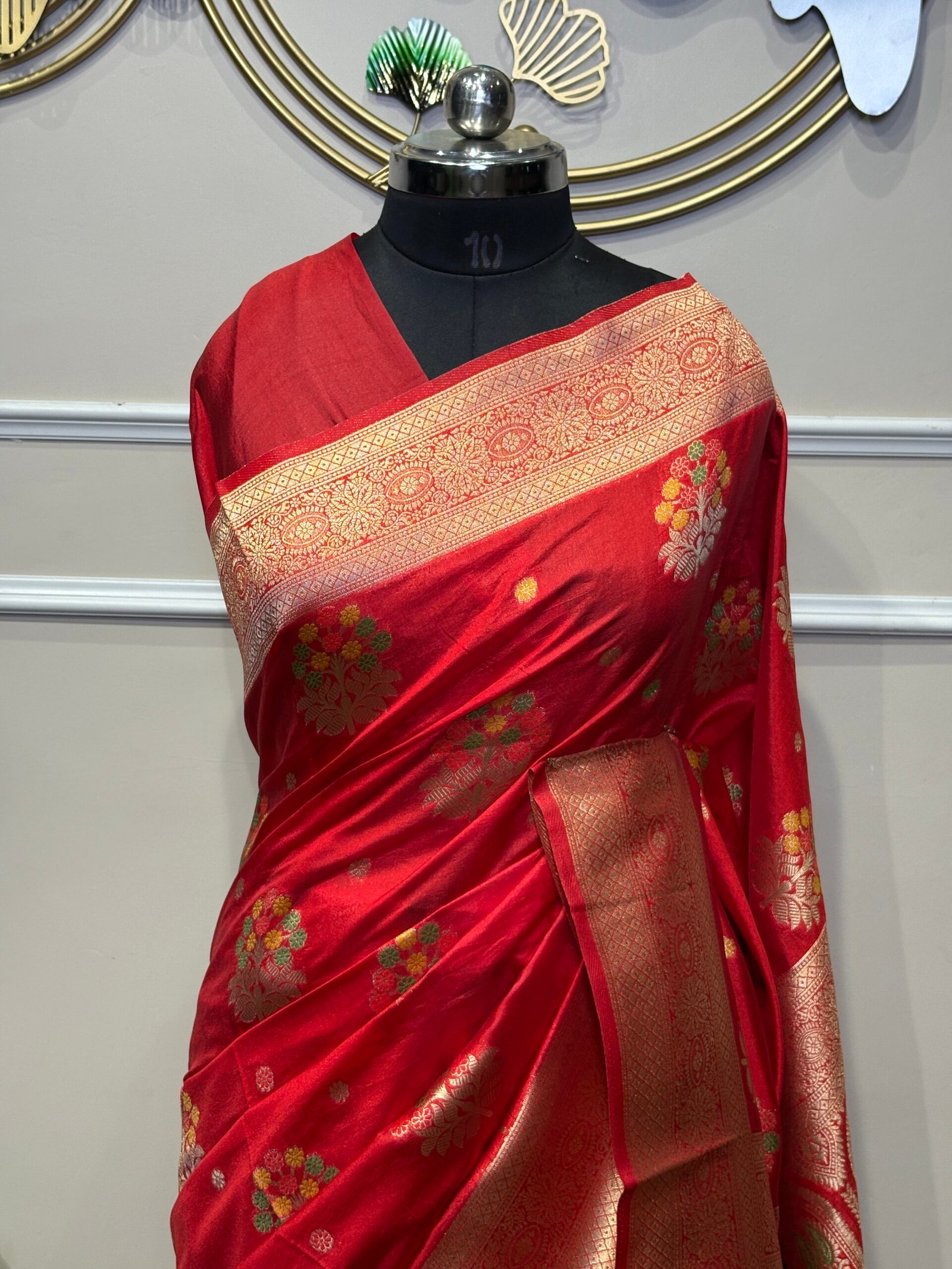 Red Banarasi Saree with Multicolor Floral Motifs