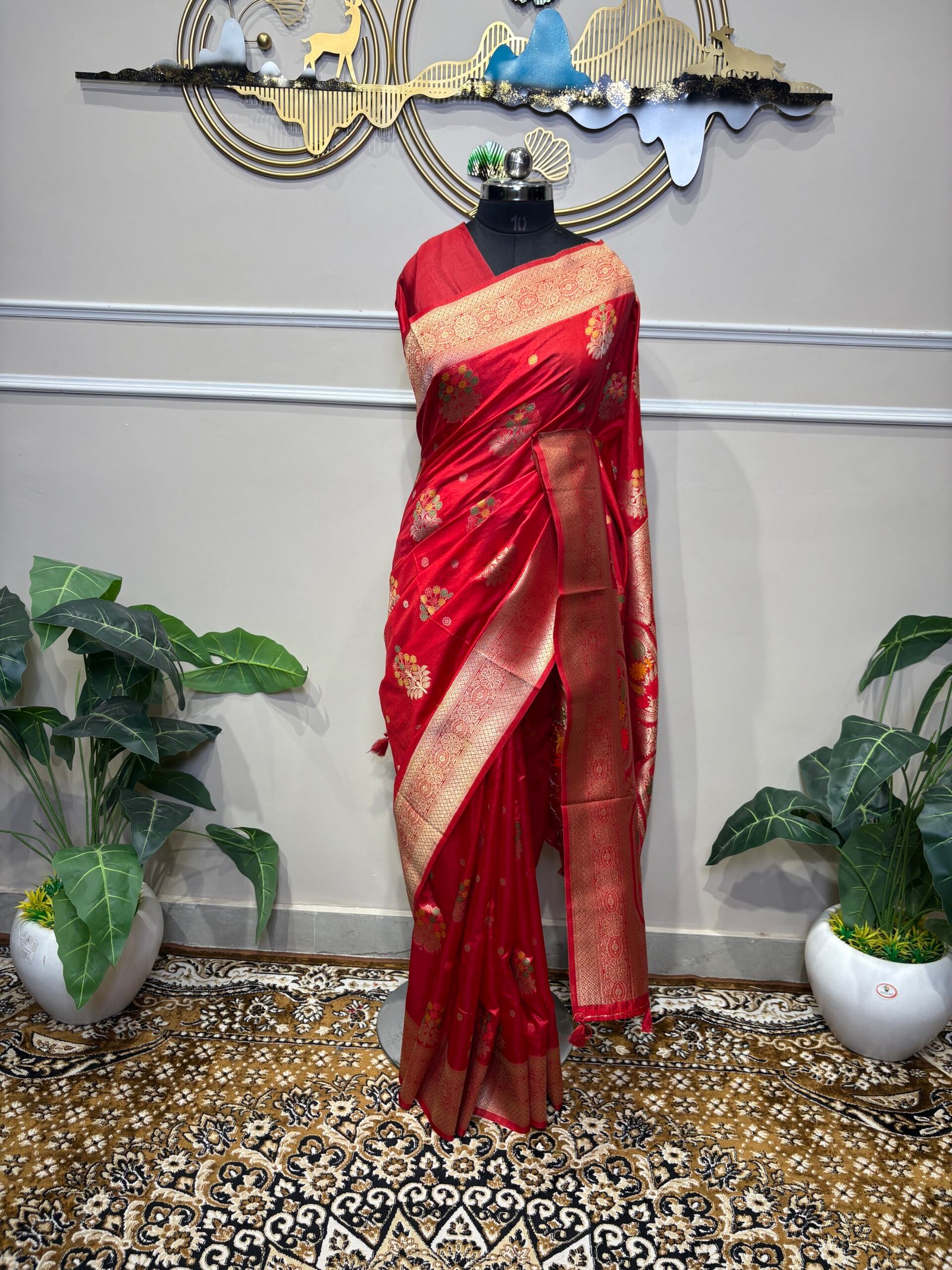 Red Banarasi Saree with Multicolor Floral Motifs - Image 5
